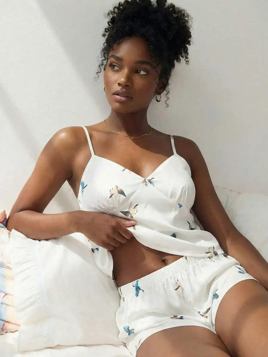Womens Casual Bird Print Camisole And Shorts Pajama Set Summer