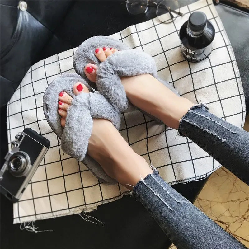 Cross Warm Fluffy Furry Slippers Women Lightweight Flat Heels Fur Slides Woman Autumn Winter Open Toe Non Slip Home Floor Shoes
