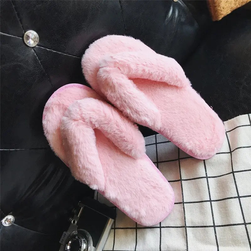 Cross Warm Fluffy Furry Slippers Women Lightweight Flat Heels Fur Slides Woman Autumn Winter Open Toe Non Slip Home Floor Shoes