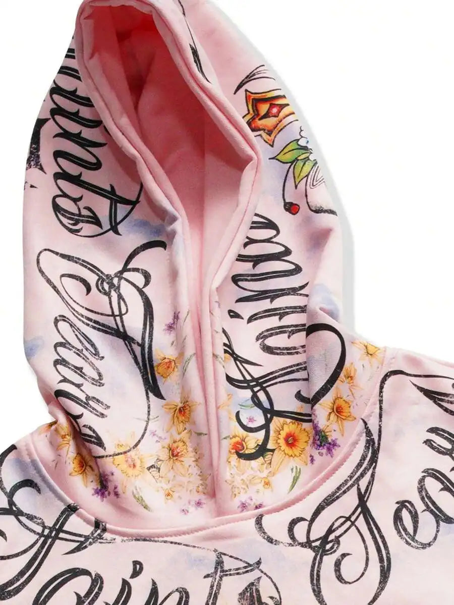 Men's Streetwear Graphic Print Hoodie with Religious Art Motif, Pink, Long Sleeve, Casual Fall Winter Top