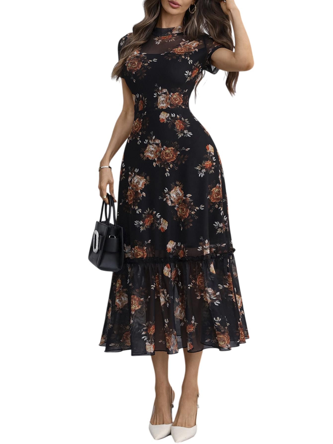 GothDark Women's Summer Floral Mesh Ruffle Dress Short Sleeve Round Neck Waist Cinched Casual Maxi Wedding Guest Dresses