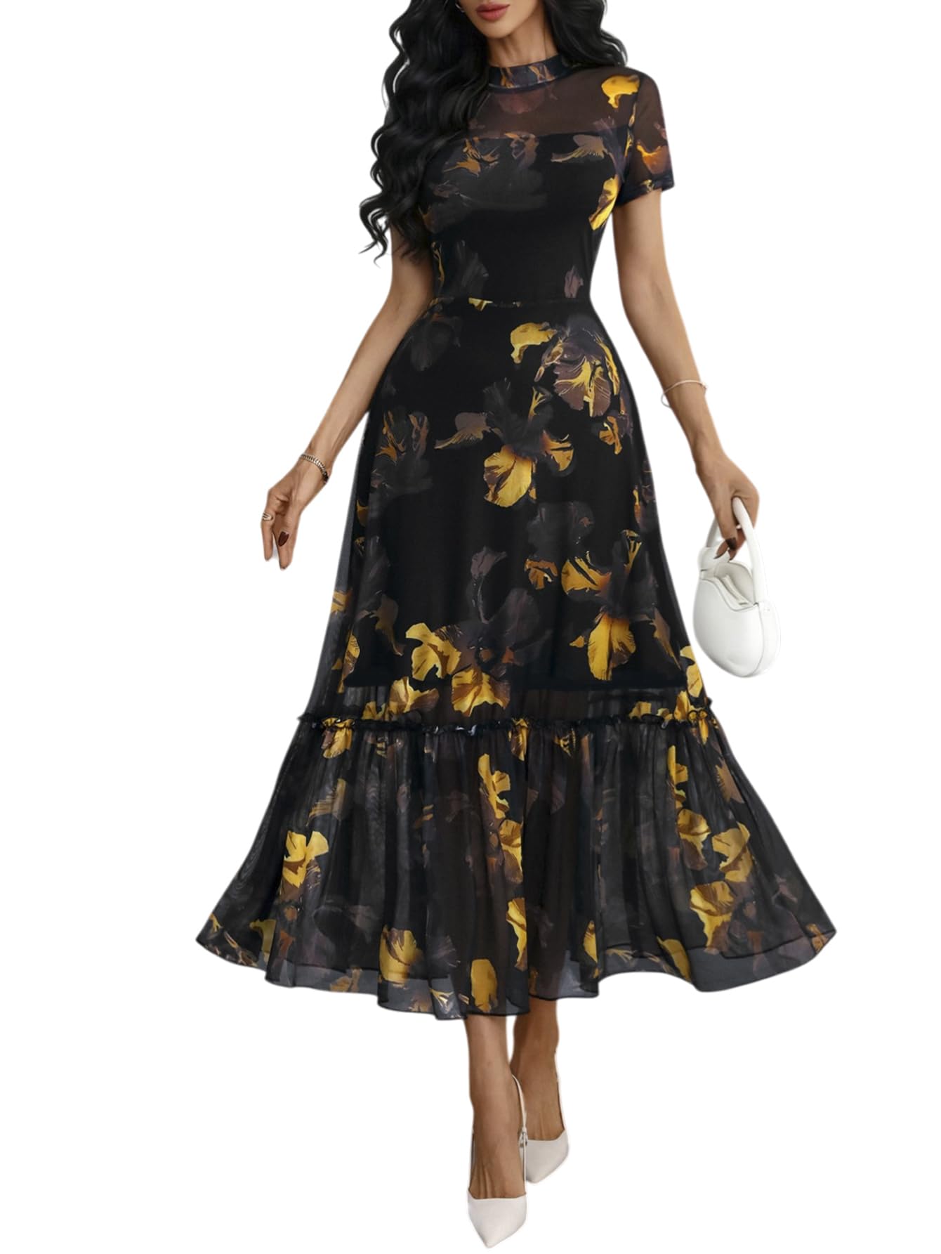 GothDark Women's Summer Floral Mesh Ruffle Dress Short Sleeve Round Neck Waist Cinched Casual Maxi Wedding Guest Dresses