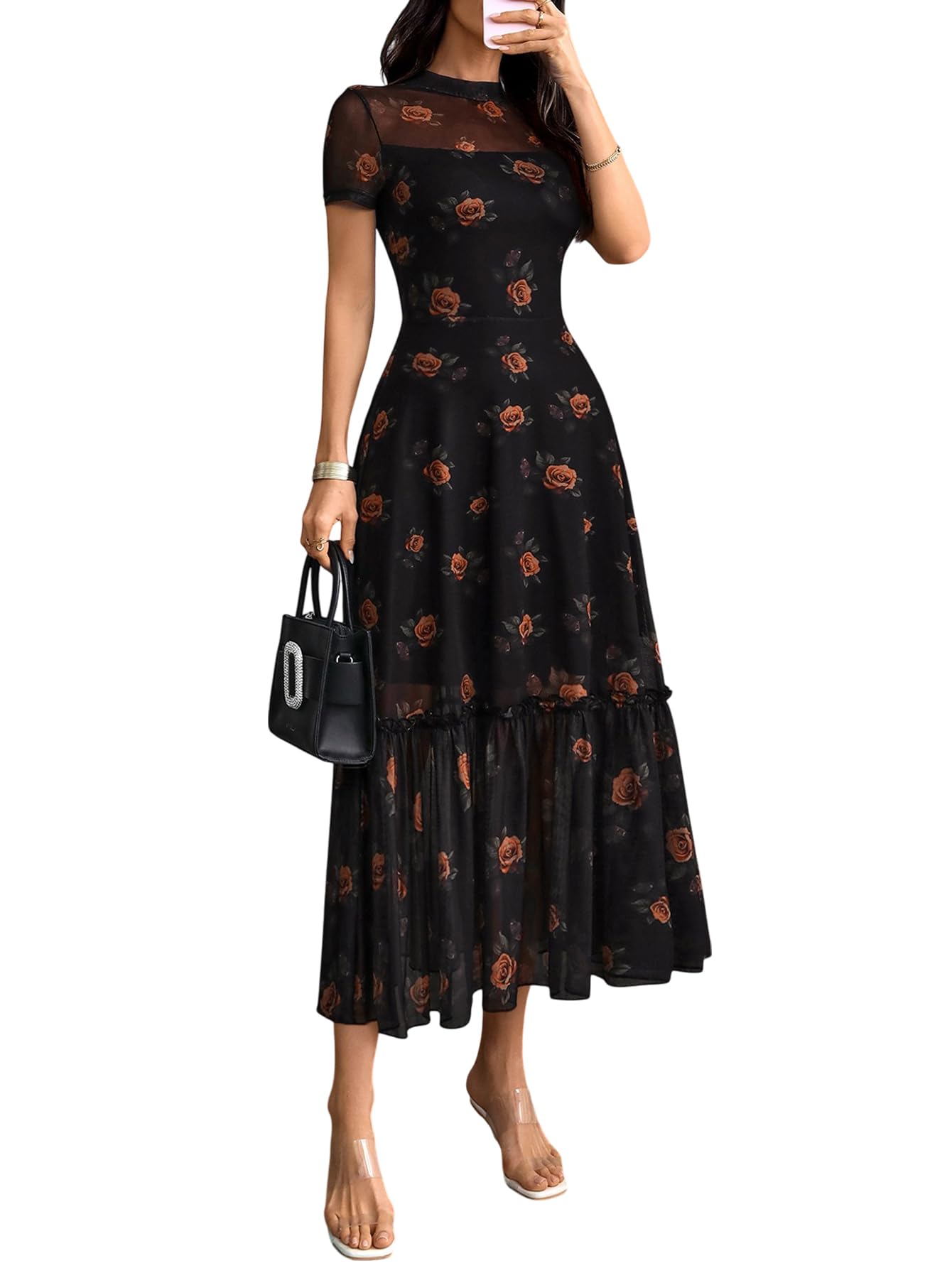 GothDark Women's Summer Floral Mesh Ruffle Dress Short Sleeve Round Neck Waist Cinched Casual Maxi Wedding Guest Dresses