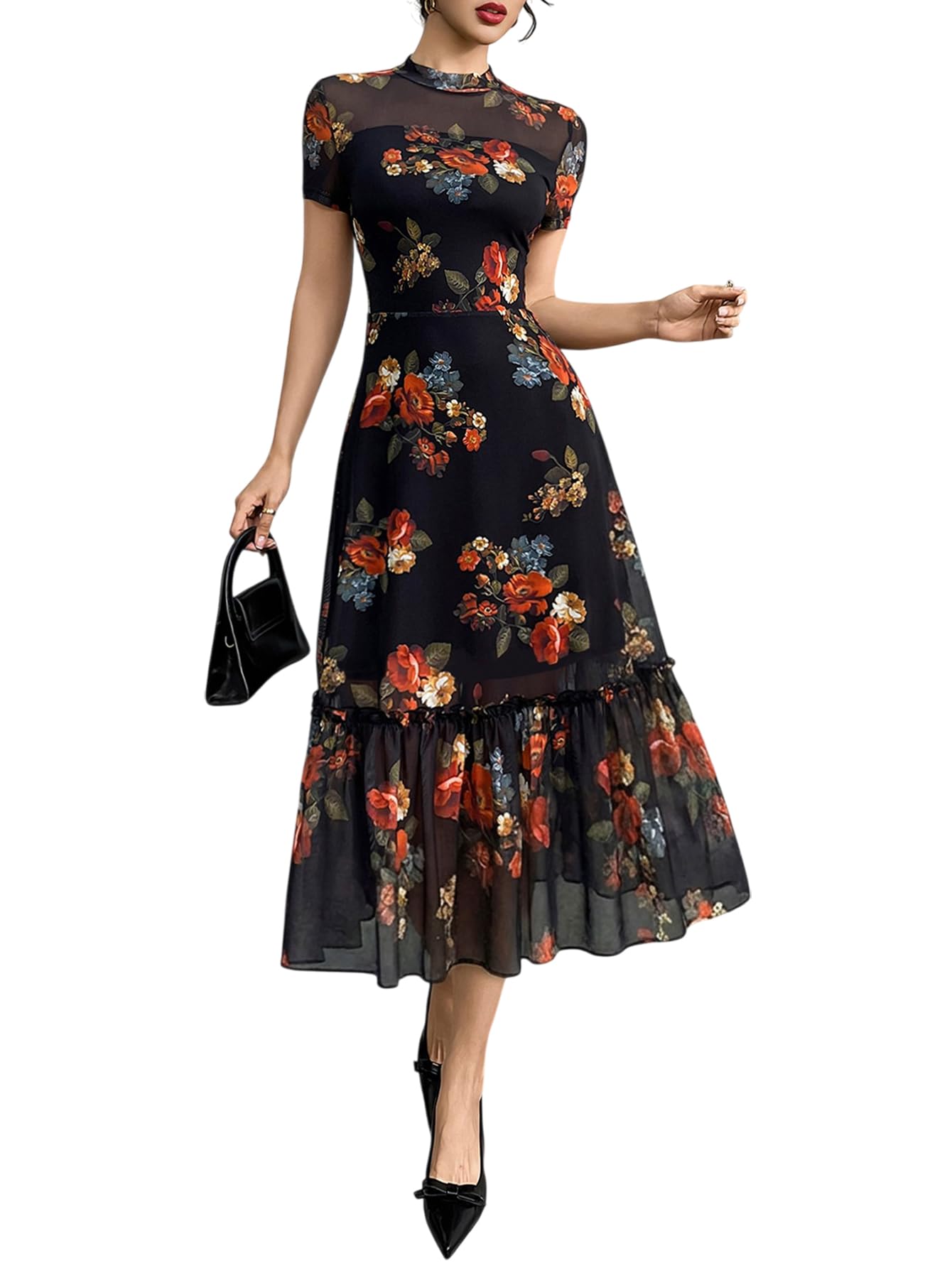 GothDark Women's Summer Floral Mesh Ruffle Dress Short Sleeve Round Neck Waist Cinched Casual Maxi Wedding Guest Dresses