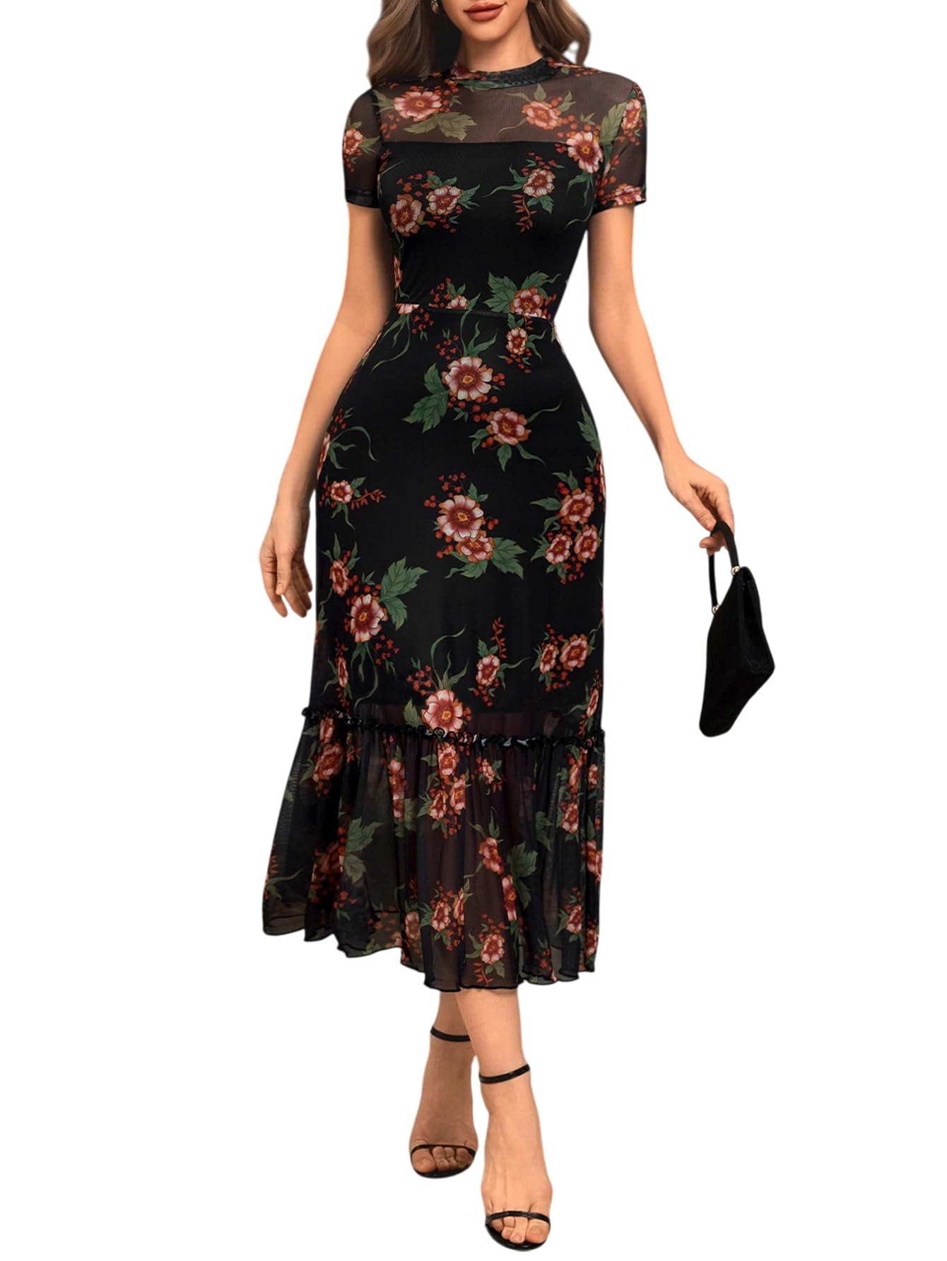 GothDark Women's Summer Floral Mesh Ruffle Dress Short Sleeve Round Neck Waist Cinched Casual Maxi Wedding Guest Dresses
