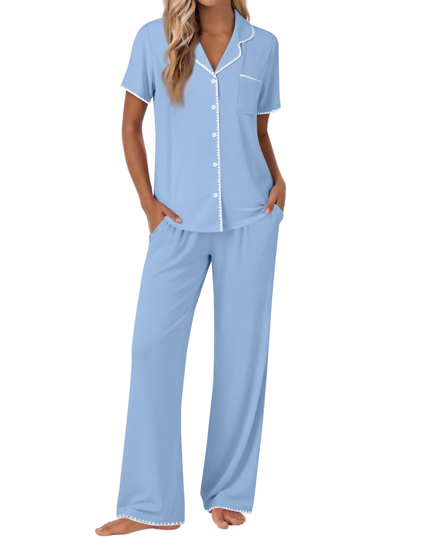 Ekouaer Pajamas for Women Set Button Up Soft Pjs Short Sleeve 2 Piece Lounge Sets Comfy Sleepwear