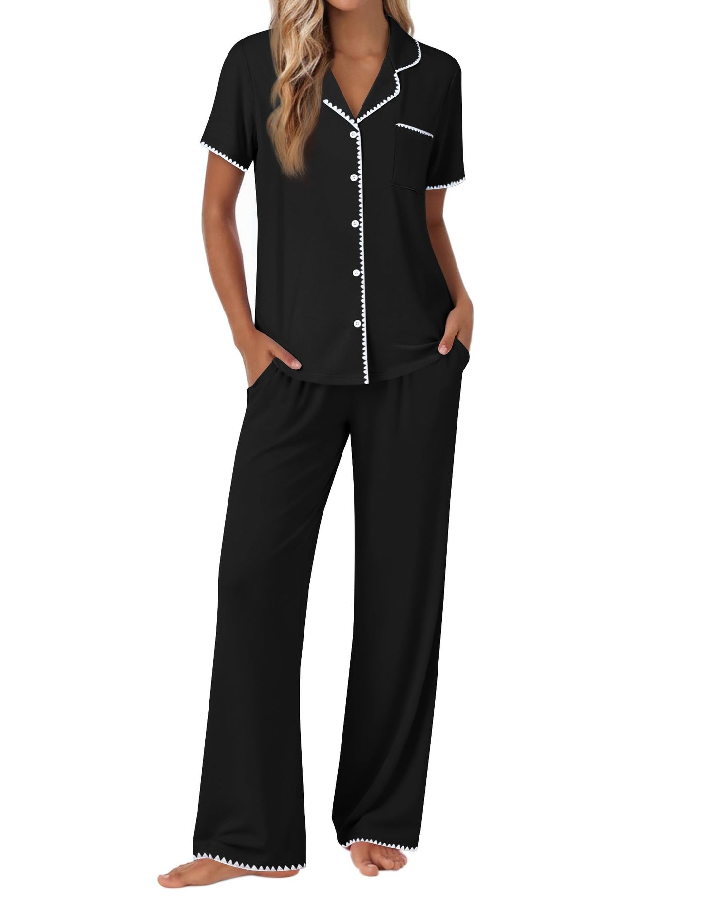 Ekouaer Pajamas for Women Set Button Up Soft Pjs Short Sleeve 2 Piece Lounge Sets Comfy Sleepwear