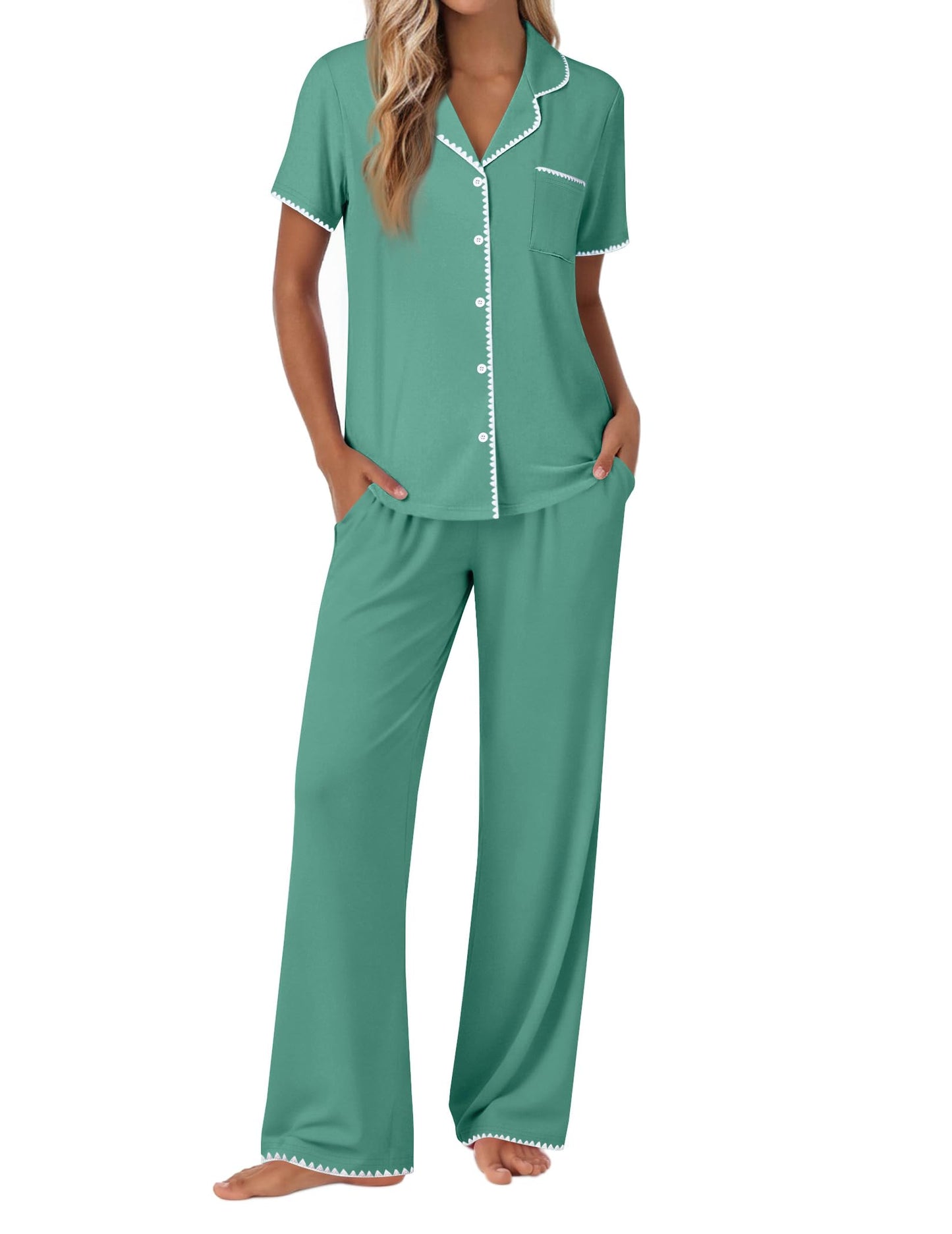 Ekouaer Pajamas for Women Set Button Up Soft Pjs Short Sleeve 2 Piece Lounge Sets Comfy Sleepwear