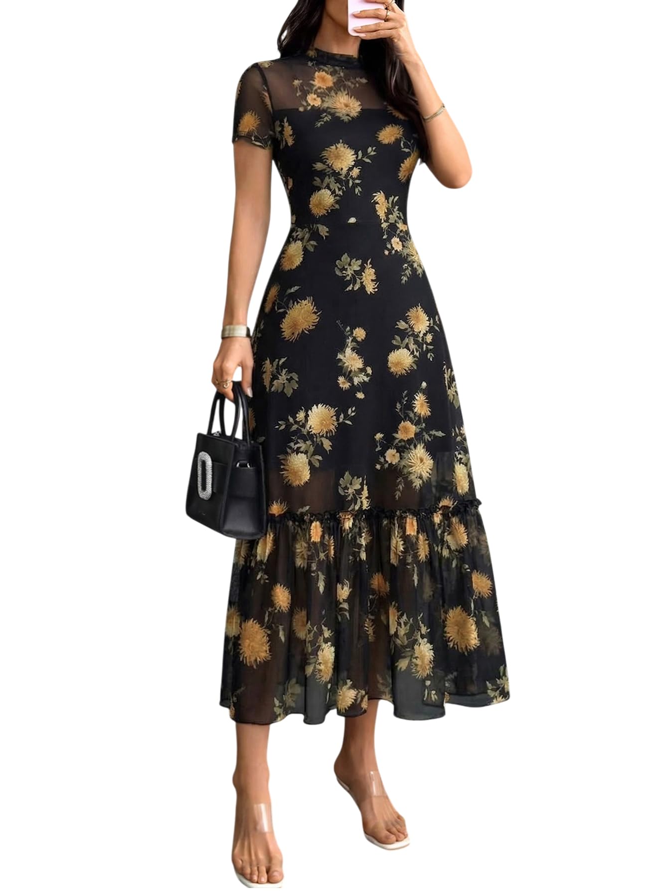 GothDark Women's Summer Floral Mesh Ruffle Dress Short Sleeve Round Neck Waist Cinched Casual Maxi Wedding Guest Dresses