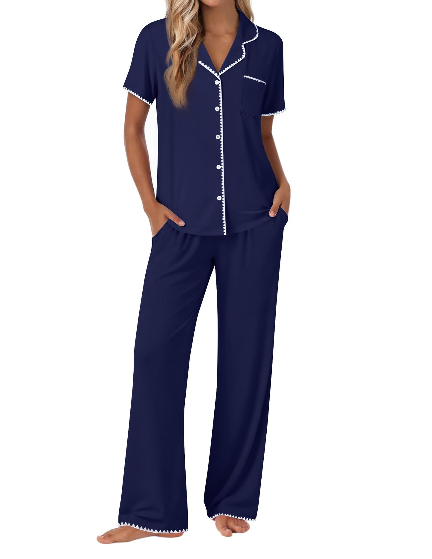 Ekouaer Pajamas for Women Set Button Up Soft Pjs Short Sleeve 2 Piece Lounge Sets Comfy Sleepwear