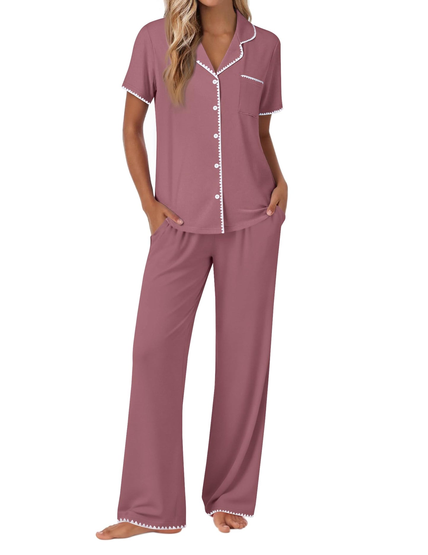 Ekouaer Pajamas for Women Set Button Up Soft Pjs Short Sleeve 2 Piece Lounge Sets Comfy Sleepwear