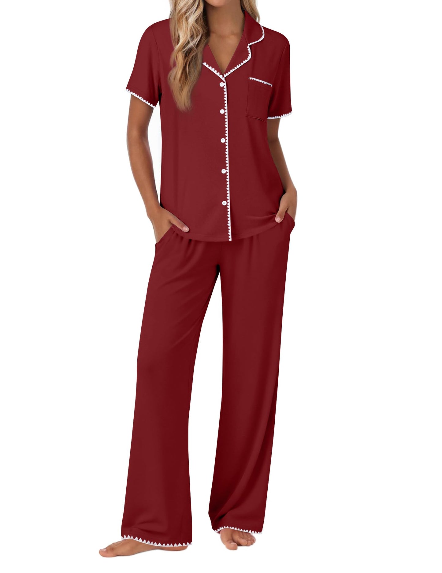 Ekouaer Pajamas for Women Set Button Up Soft Pjs Short Sleeve 2 Piece Lounge Sets Comfy Sleepwear
