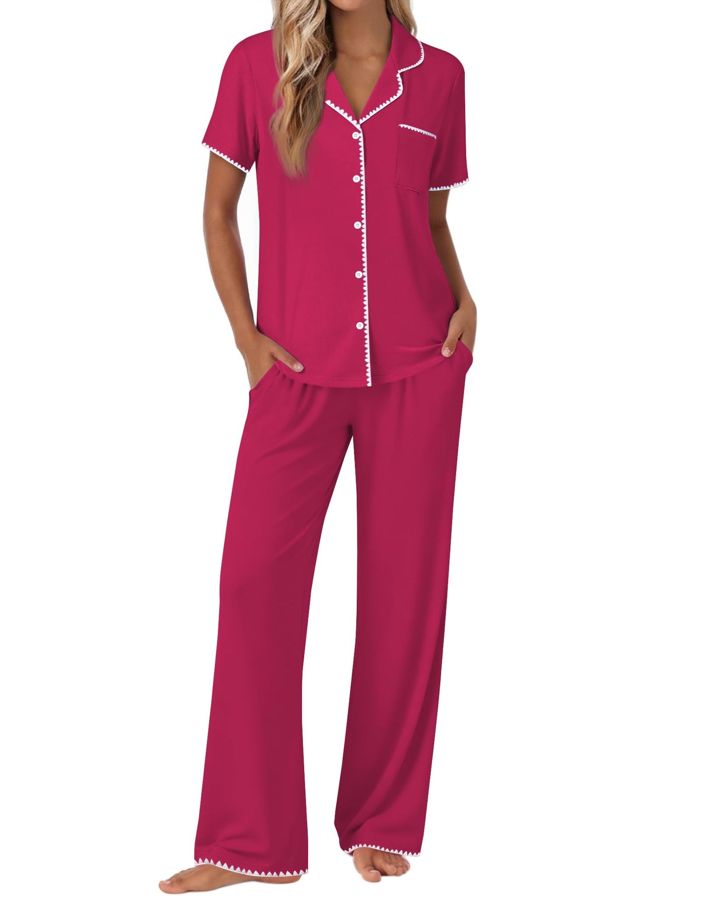 Ekouaer Pajamas for Women Set Button Up Soft Pjs Short Sleeve 2 Piece Lounge Sets Comfy Sleepwear