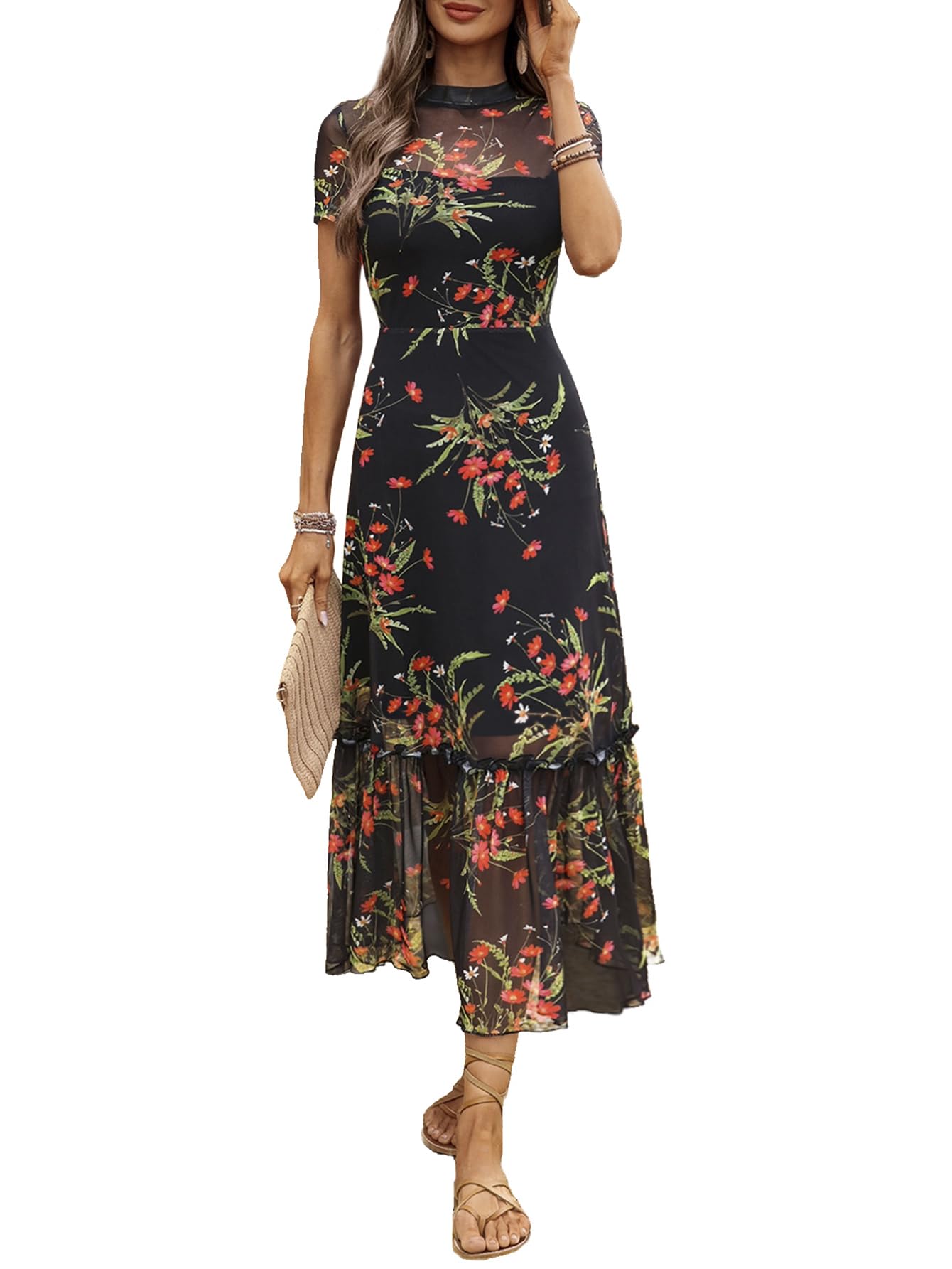 GothDark Women's Summer Floral Mesh Ruffle Dress Short Sleeve Round Neck Waist Cinched Casual Maxi Wedding Guest Dresses