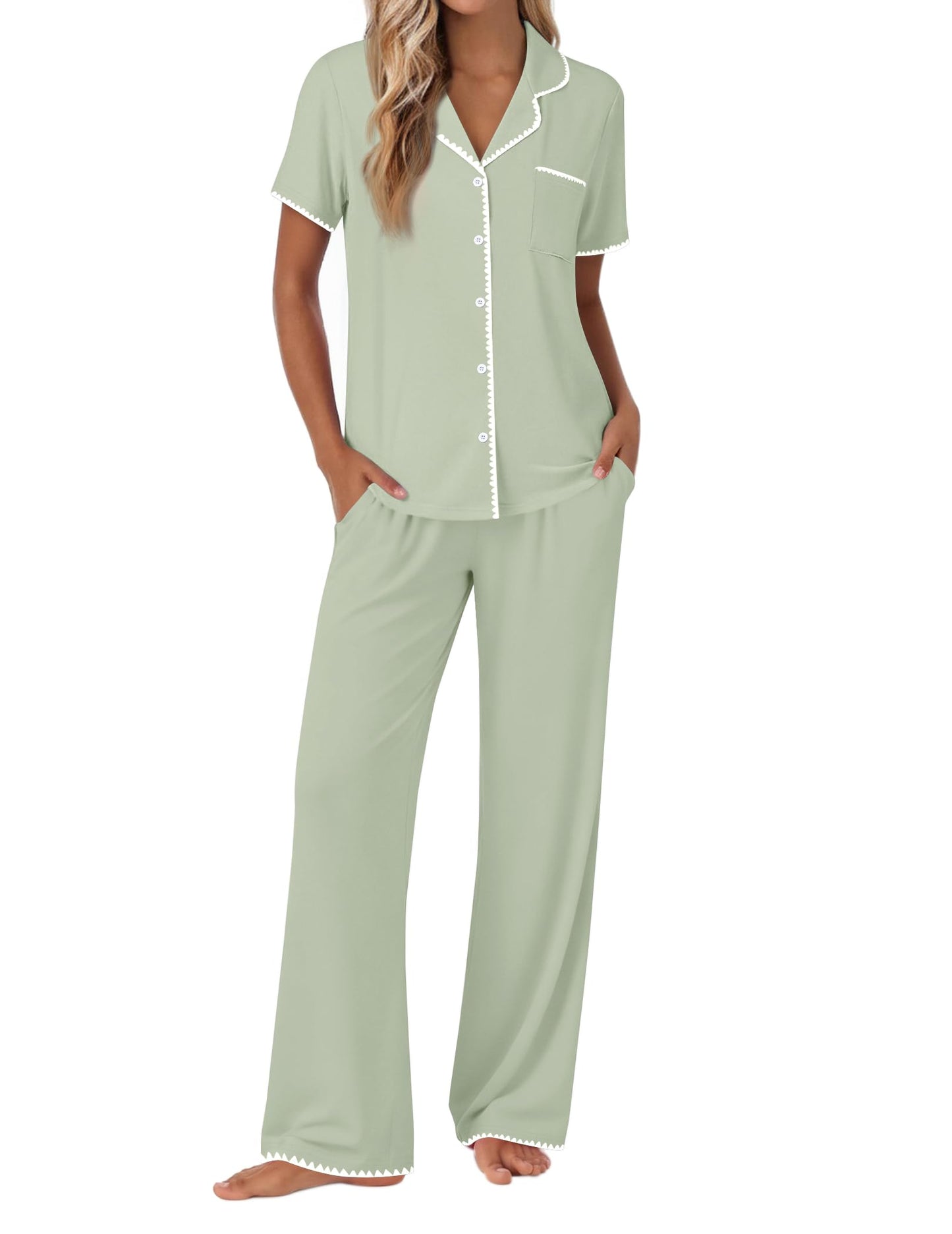 Ekouaer Pajamas for Women Set Button Up Soft Pjs Short Sleeve 2 Piece Lounge Sets Comfy Sleepwear