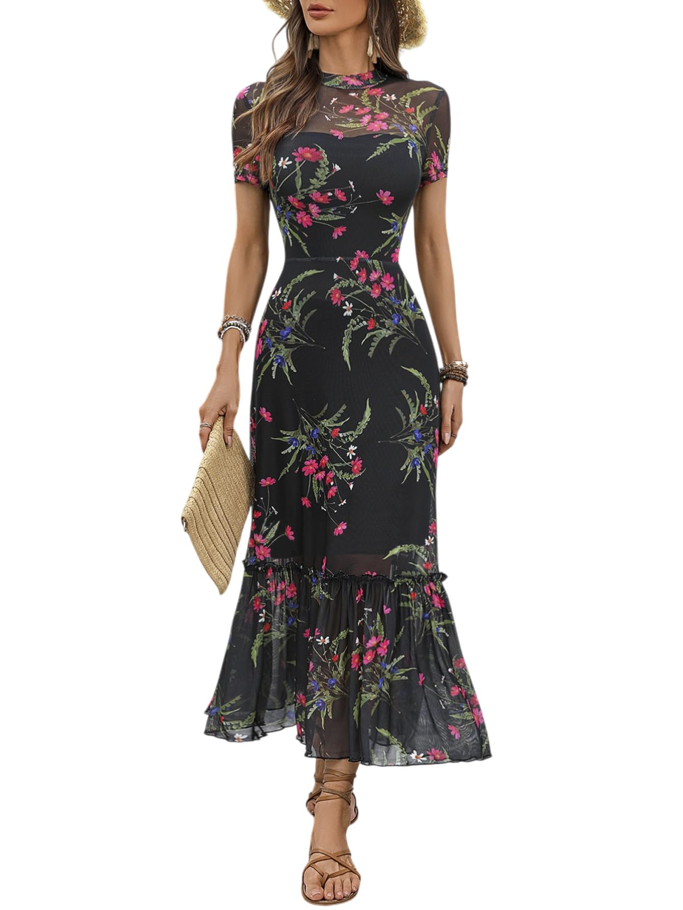GothDark Women's Summer Floral Mesh Ruffle Dress Short Sleeve Round Neck Waist Cinched Casual Maxi Wedding Guest Dresses
