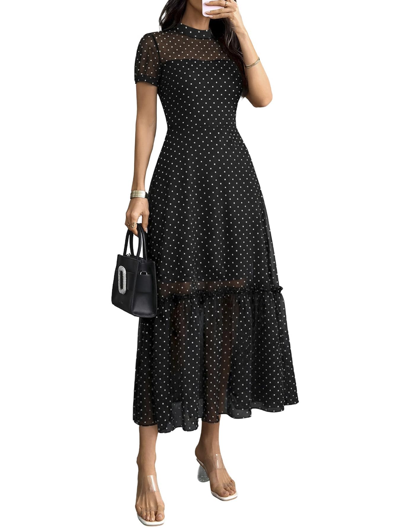 GothDark Women's Summer Floral Mesh Ruffle Dress Short Sleeve Round Neck Waist Cinched Casual Maxi Wedding Guest Dresses