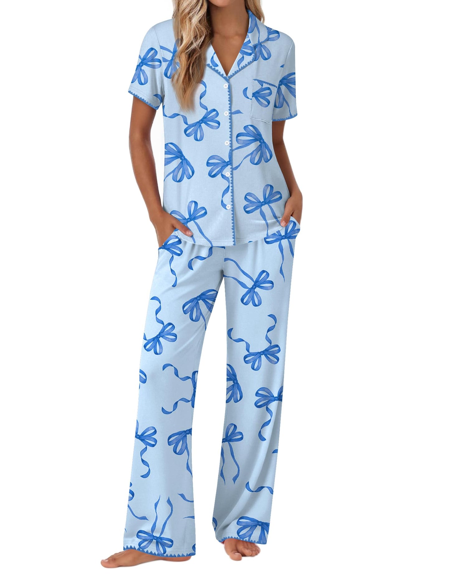 Ekouaer Pajamas for Women Set Button Up Soft Pjs Short Sleeve 2 Piece Lounge Sets Comfy Sleepwear