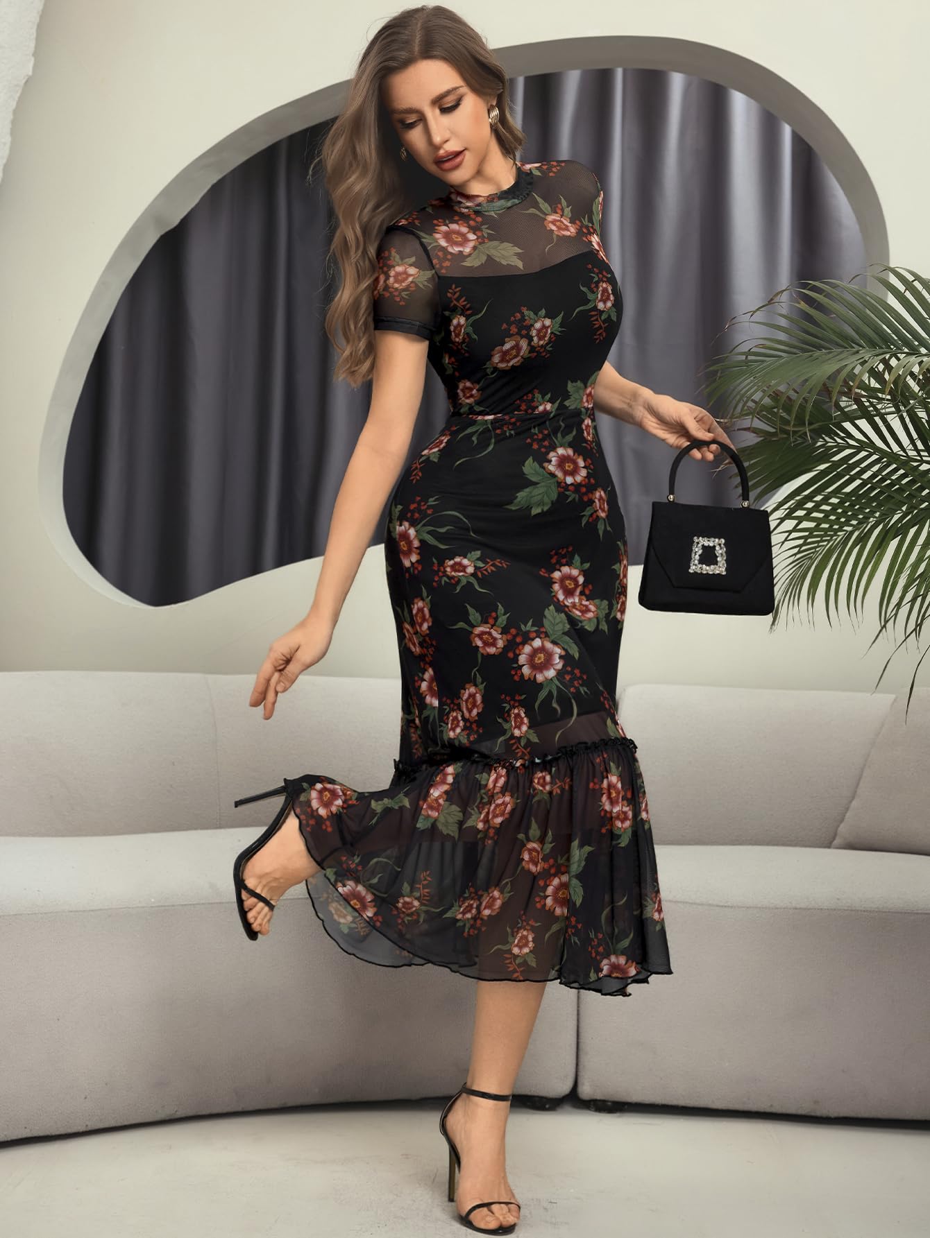 GothDark Women's Summer Floral Mesh Ruffle Dress Short Sleeve Round Neck Waist Cinched Casual Maxi Wedding Guest Dresses