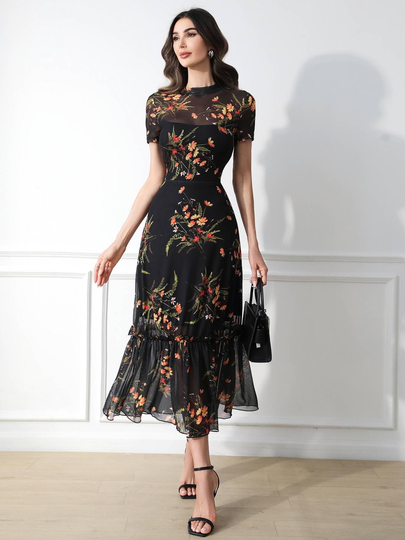 GothDark Women's Summer Floral Mesh Ruffle Dress Short Sleeve Round Neck Waist Cinched Casual Maxi Wedding Guest Dresses