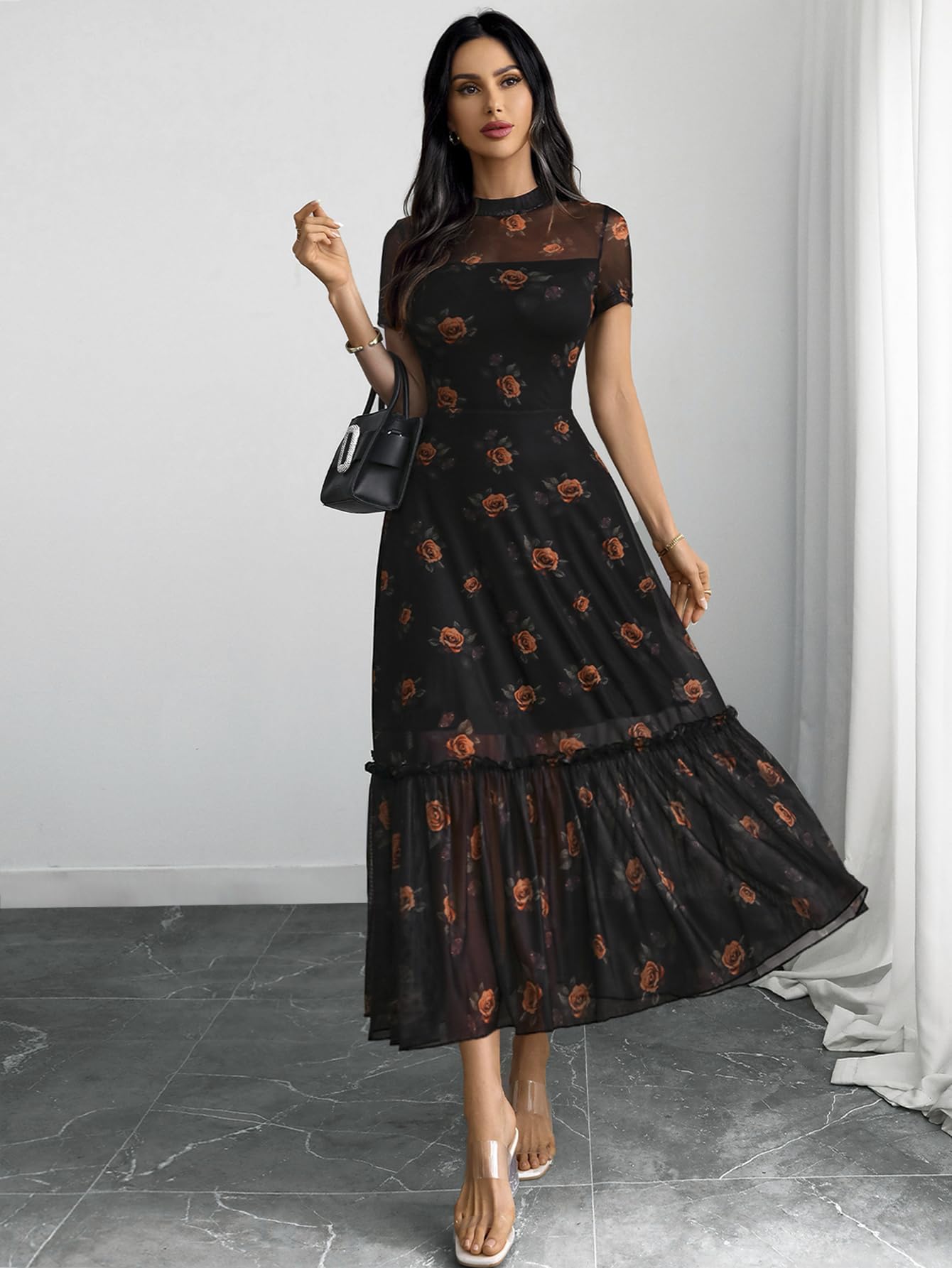 GothDark Women's Summer Floral Mesh Ruffle Dress Short Sleeve Round Neck Waist Cinched Casual Maxi Wedding Guest Dresses