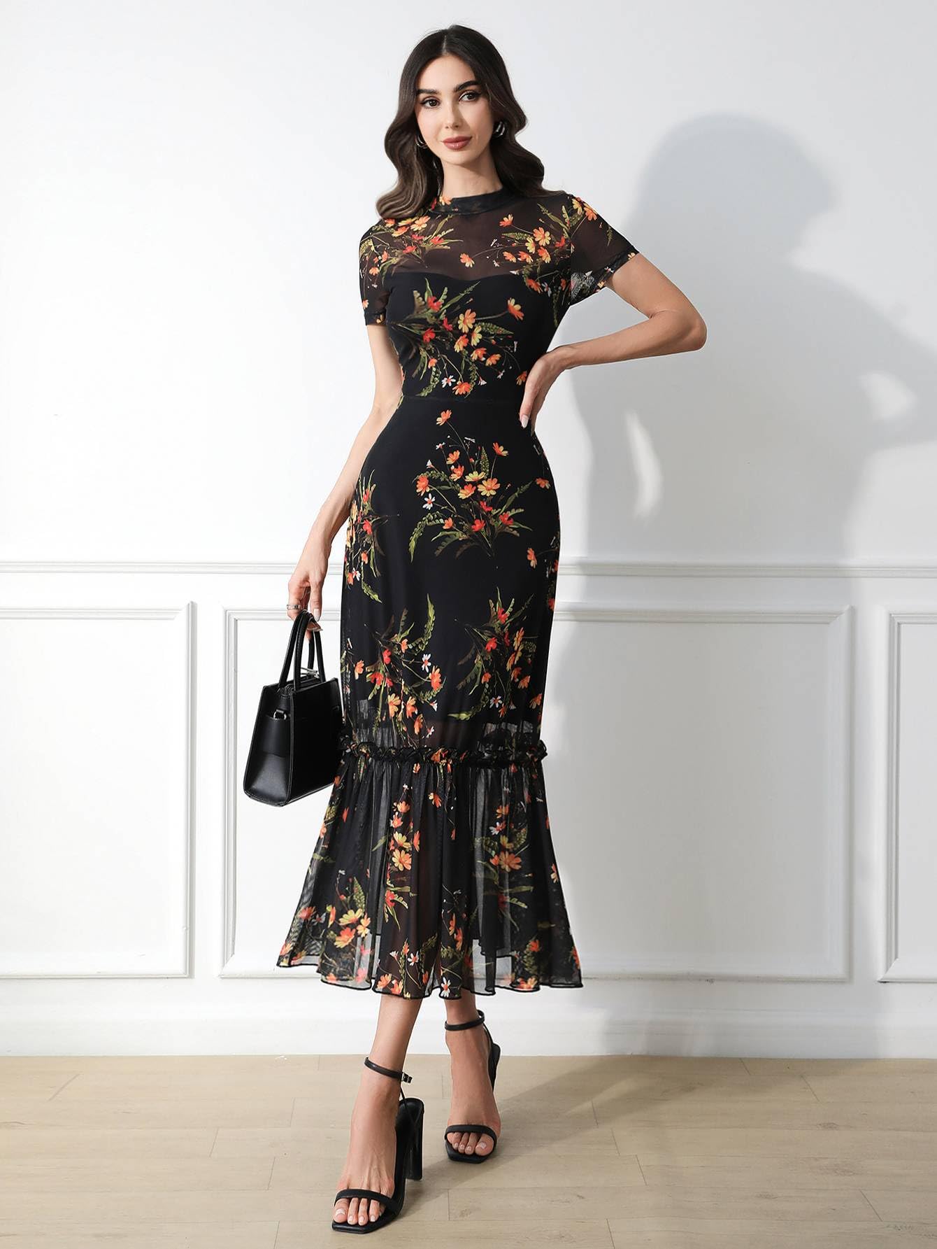 GothDark Women's Summer Floral Mesh Ruffle Dress Short Sleeve Round Neck Waist Cinched Casual Maxi Wedding Guest Dresses