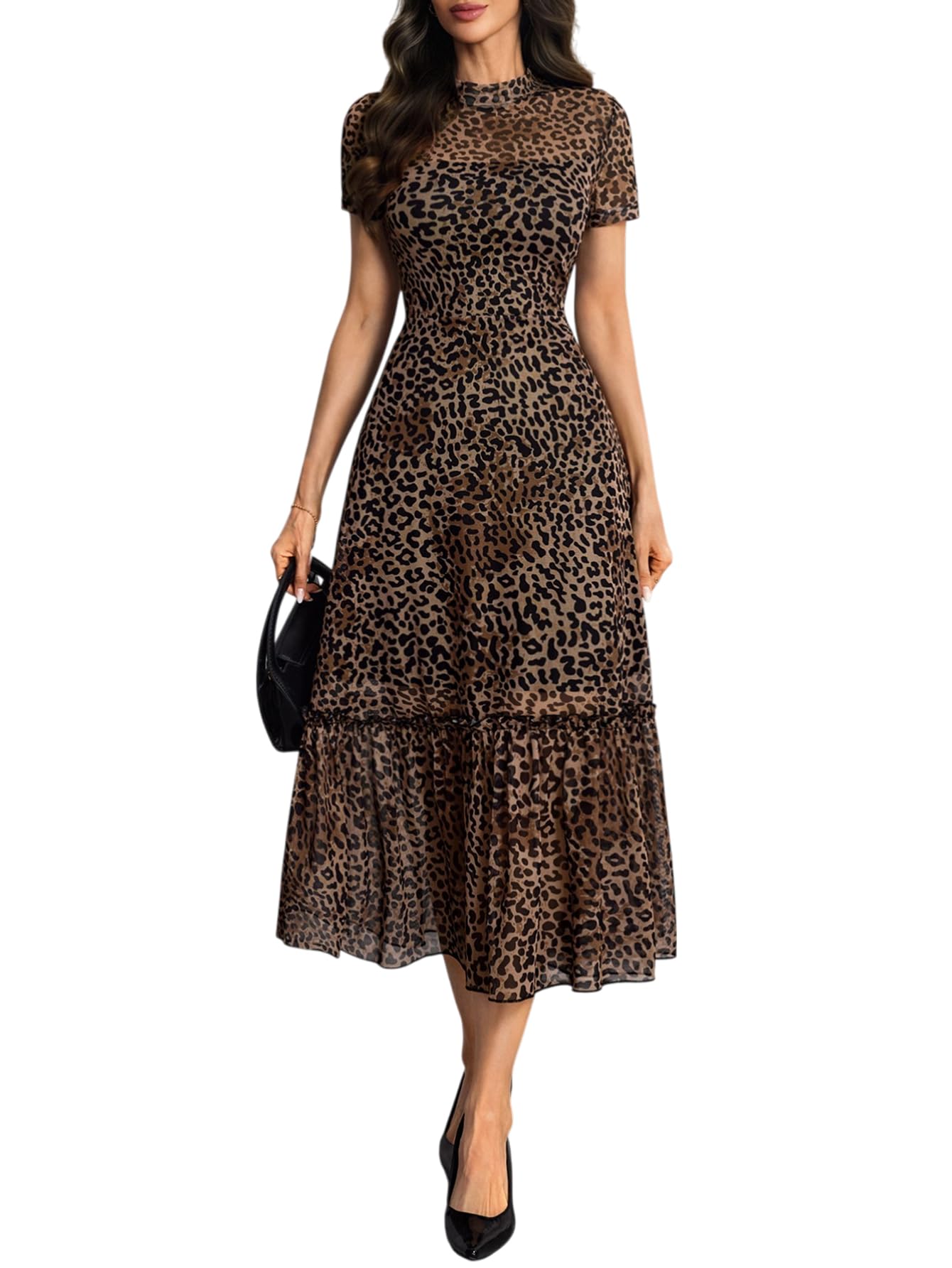 GothDark Women's Summer Floral Mesh Ruffle Dress Short Sleeve Round Neck Waist Cinched Casual Maxi Wedding Guest Dresses