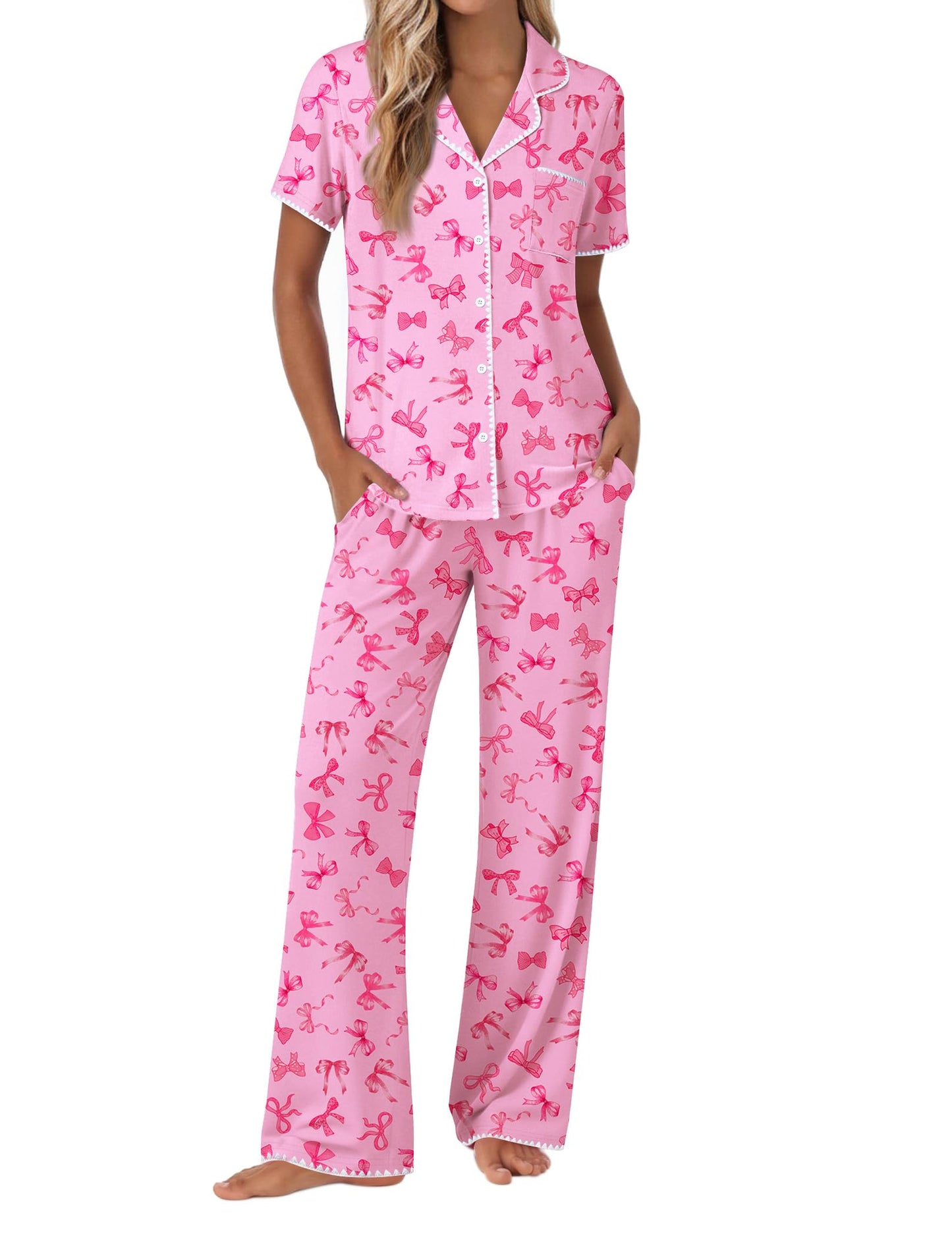 Ekouaer Pajamas for Women Set Button Up Soft Pjs Short Sleeve 2 Piece Lounge Sets Comfy Sleepwear
