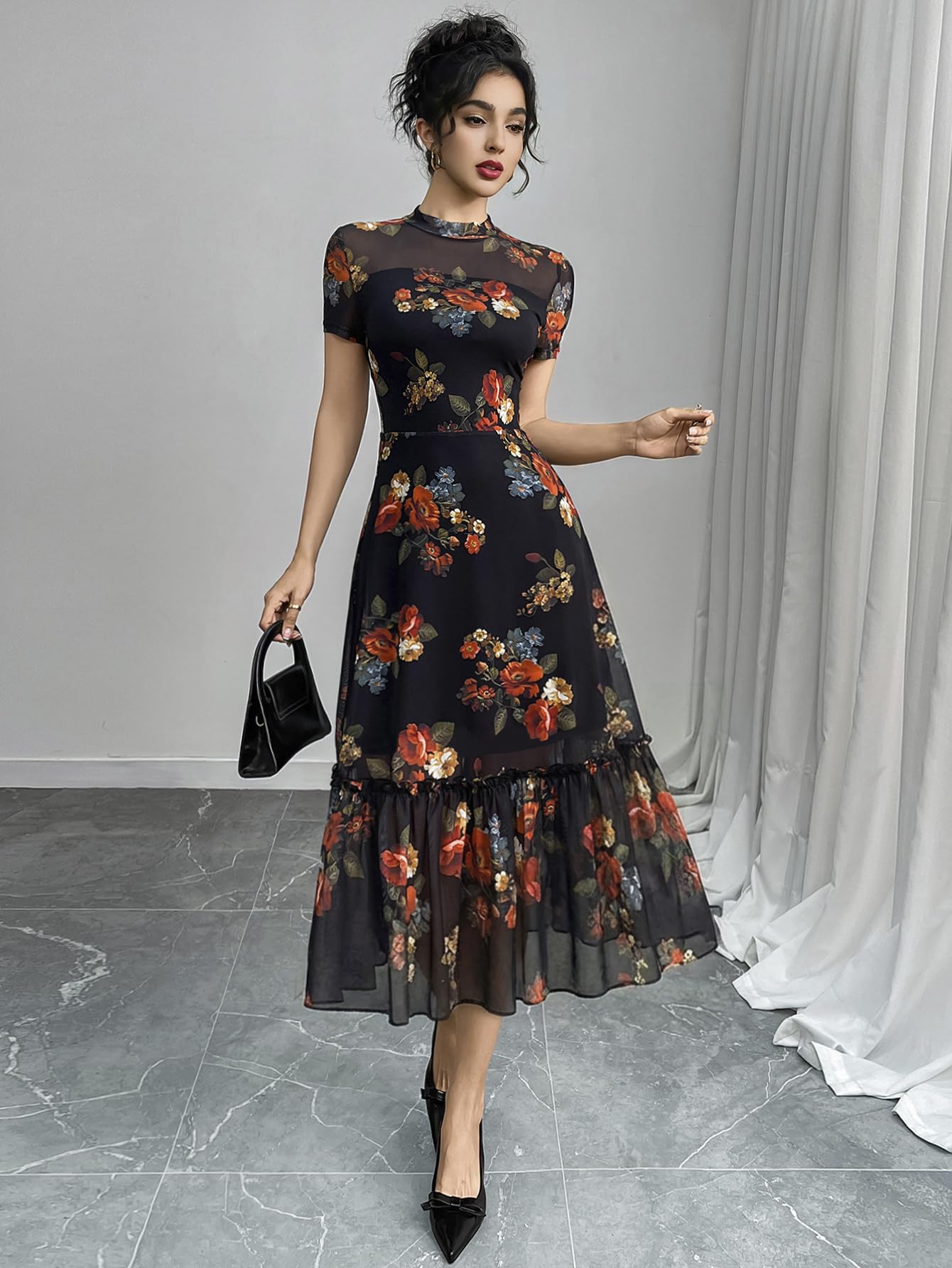GothDark Women's Summer Floral Mesh Ruffle Dress Short Sleeve Round Neck Waist Cinched Casual Maxi Wedding Guest Dresses