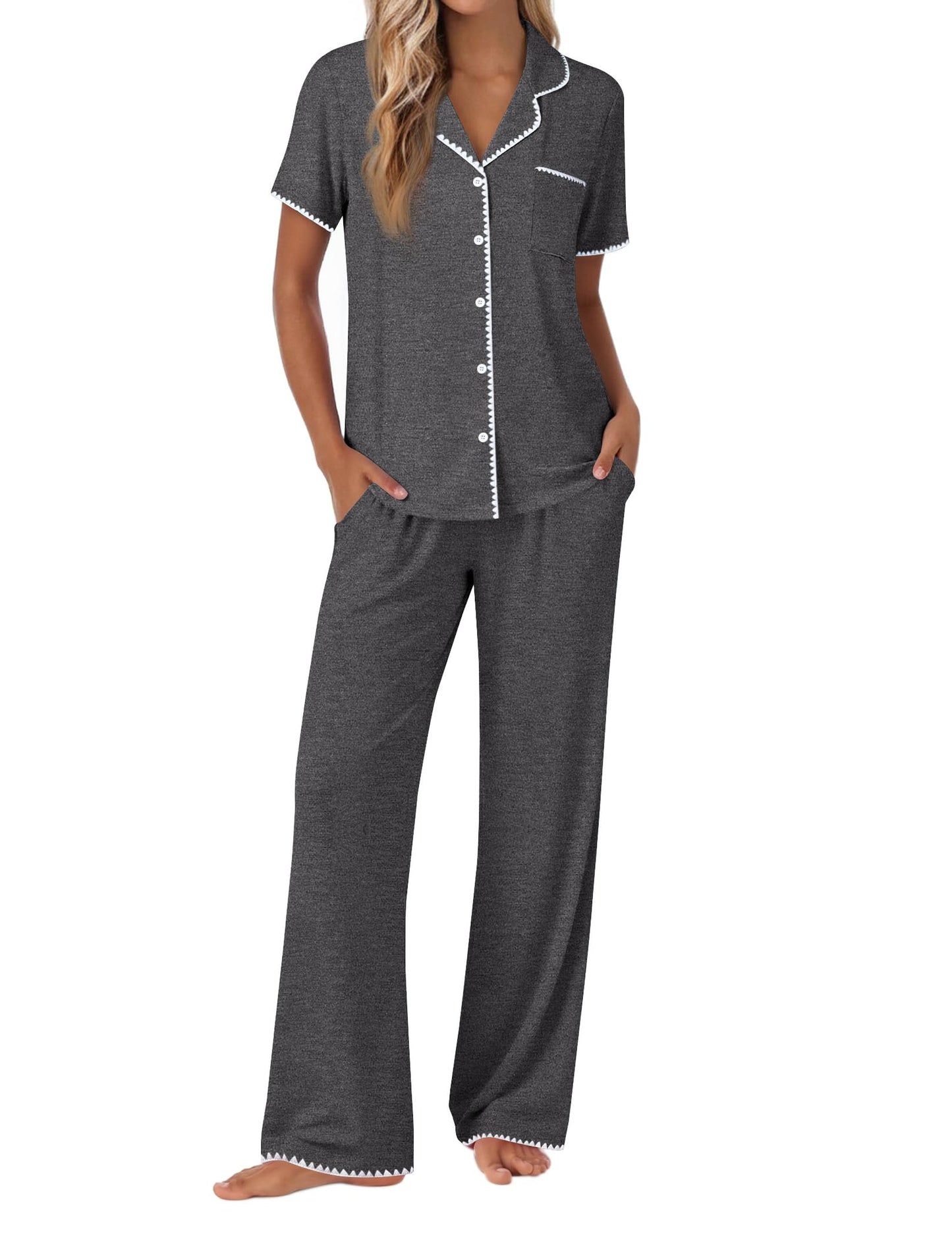 Ekouaer Pajamas for Women Set Button Up Soft Pjs Short Sleeve 2 Piece Lounge Sets Comfy Sleepwear