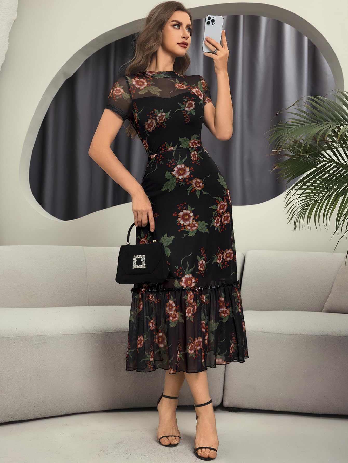 GothDark Women's Summer Floral Mesh Ruffle Dress Short Sleeve Round Neck Waist Cinched Casual Maxi Wedding Guest Dresses