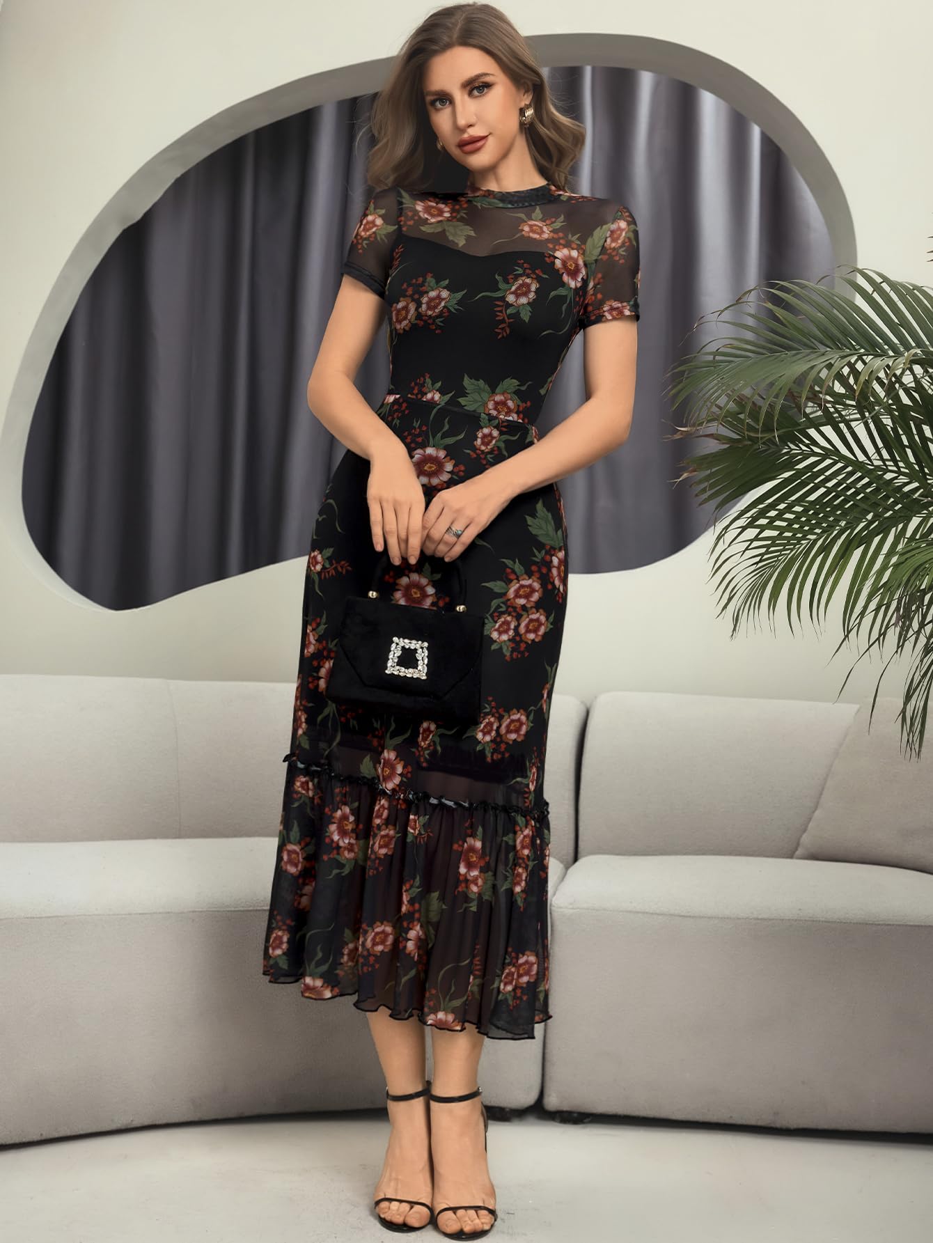 GothDark Women's Summer Floral Mesh Ruffle Dress Short Sleeve Round Neck Waist Cinched Casual Maxi Wedding Guest Dresses