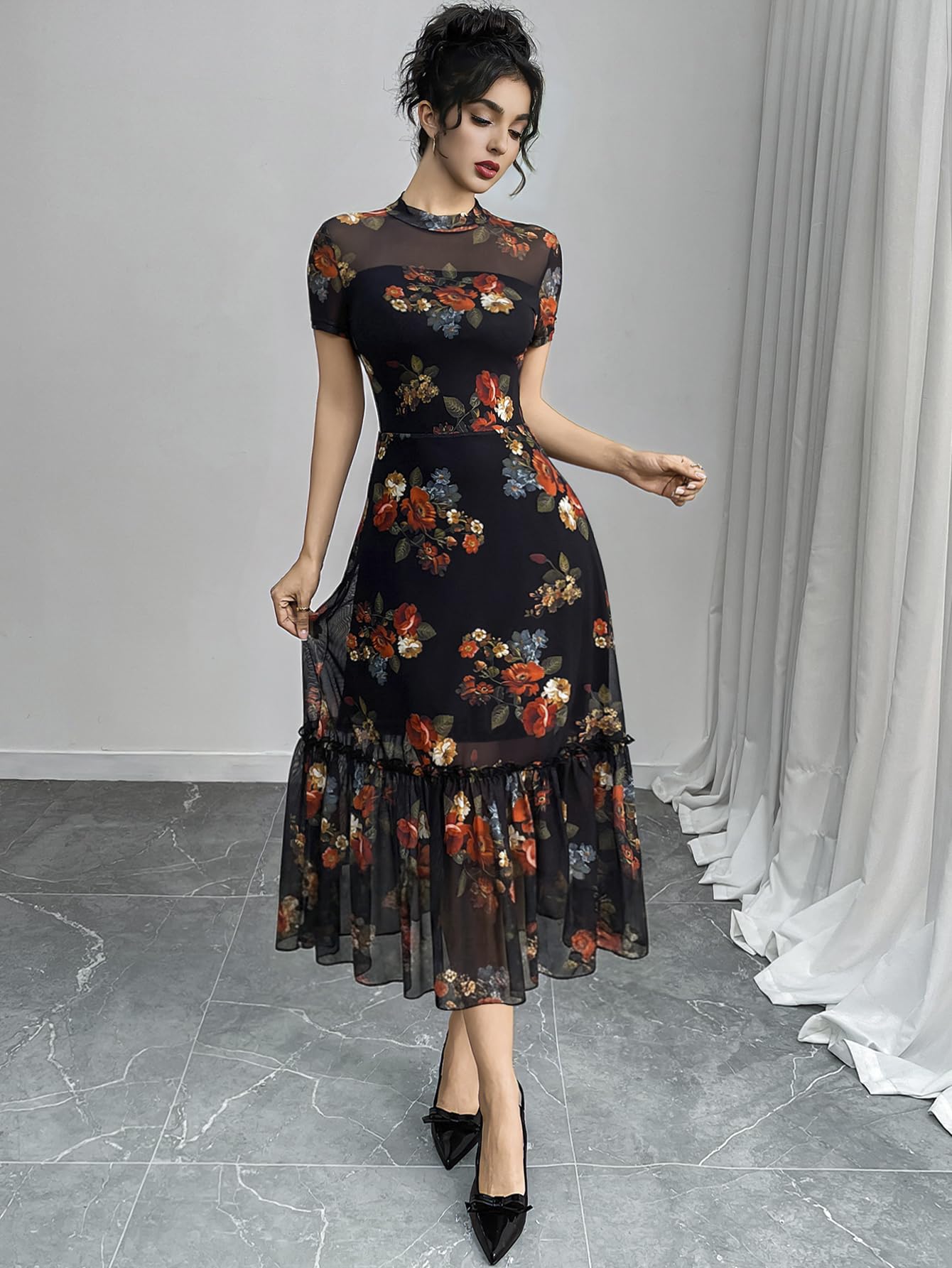 GothDark Women's Summer Floral Mesh Ruffle Dress Short Sleeve Round Neck Waist Cinched Casual Maxi Wedding Guest Dresses