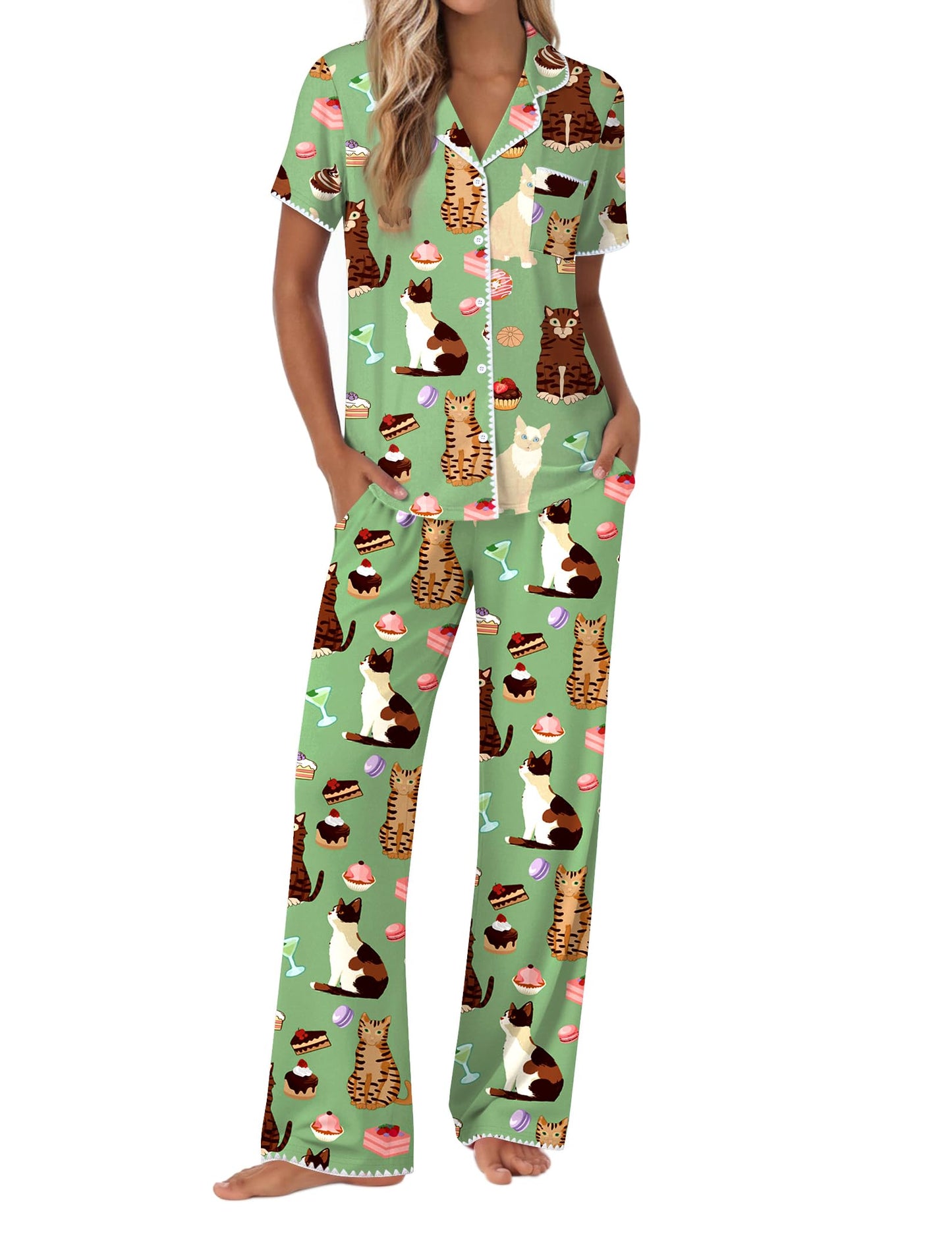 Ekouaer Pajamas for Women Set Button Up Soft Pjs Short Sleeve 2 Piece Lounge Sets Comfy Sleepwear