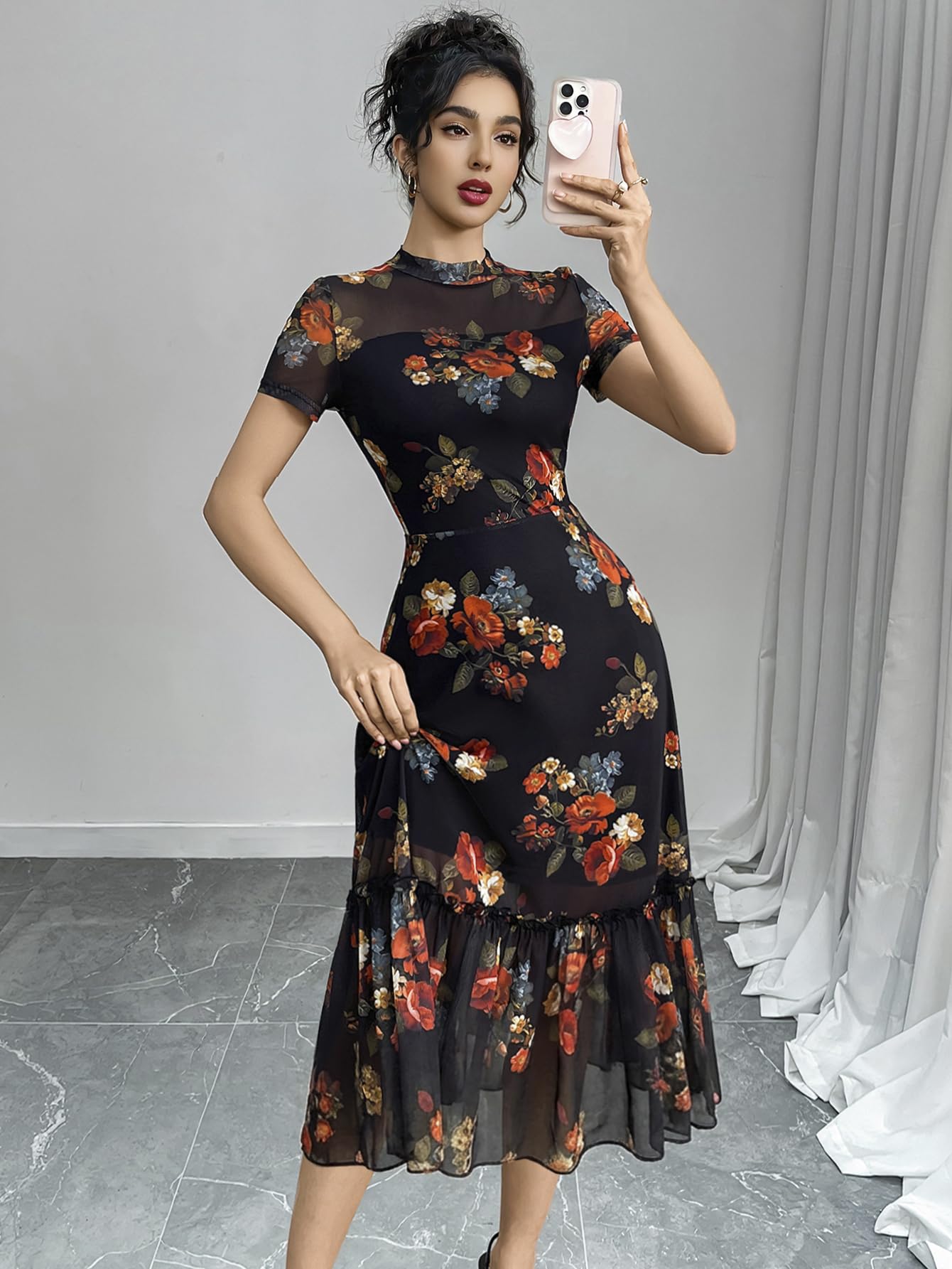 GothDark Women's Summer Floral Mesh Ruffle Dress Short Sleeve Round Neck Waist Cinched Casual Maxi Wedding Guest Dresses
