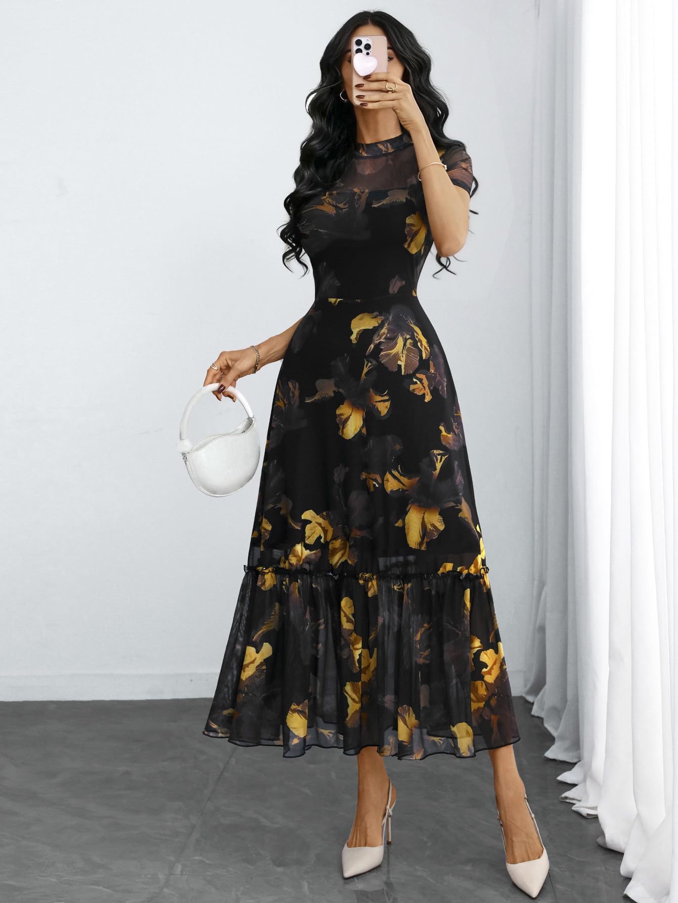 GothDark Women's Summer Floral Mesh Ruffle Dress Short Sleeve Round Neck Waist Cinched Casual Maxi Wedding Guest Dresses