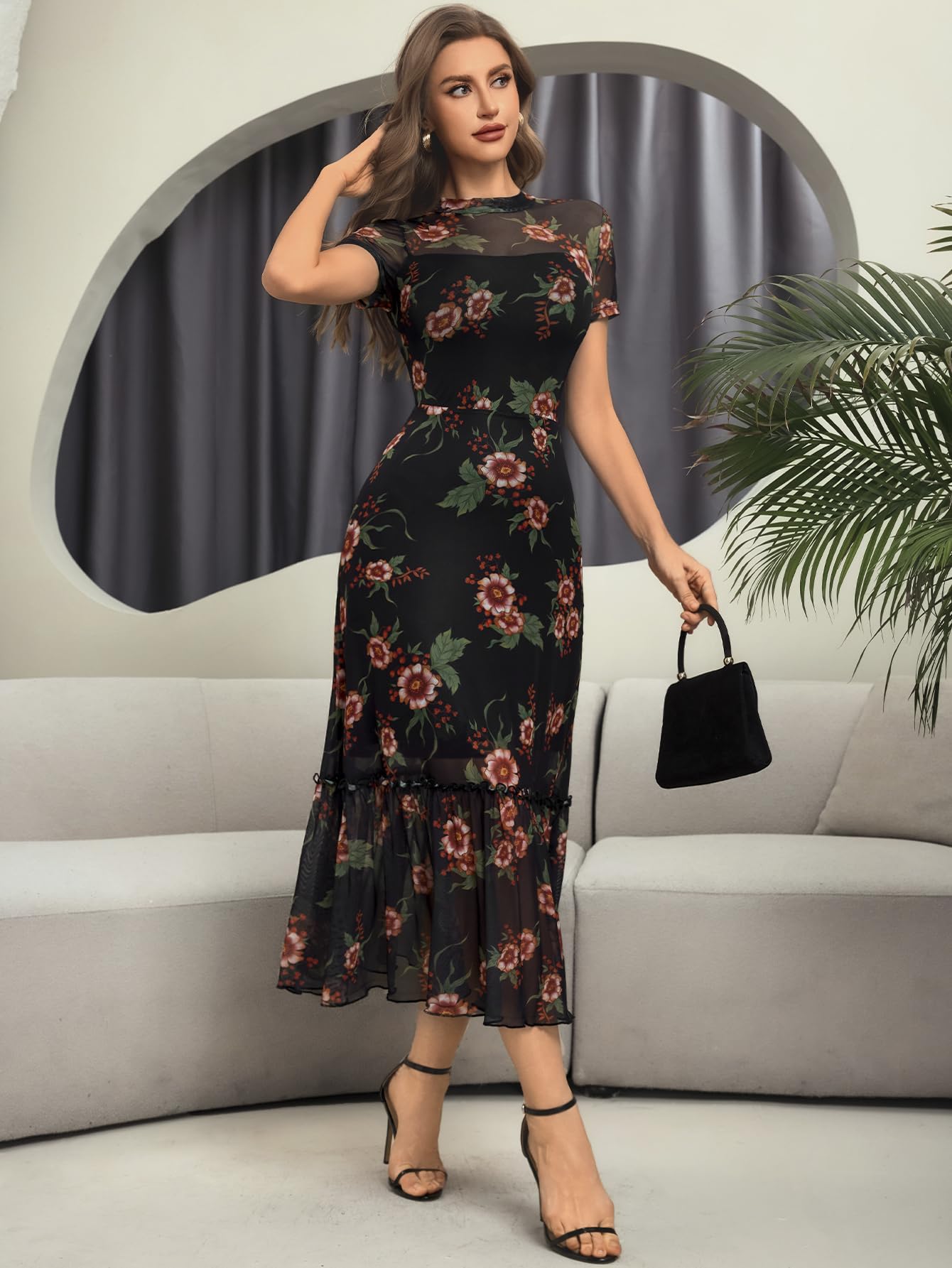 GothDark Women's Summer Floral Mesh Ruffle Dress Short Sleeve Round Neck Waist Cinched Casual Maxi Wedding Guest Dresses