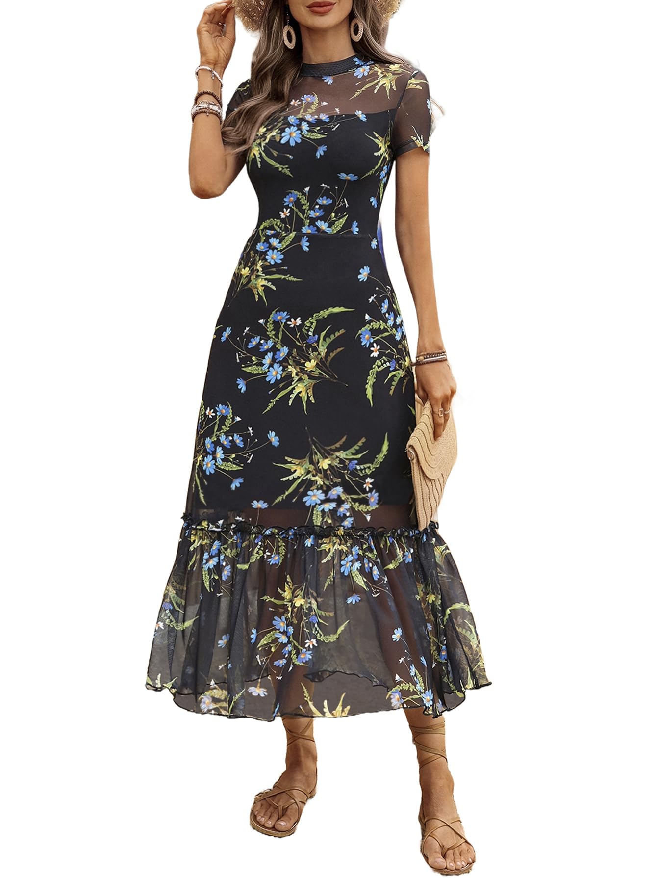 GothDark Women's Summer Floral Mesh Ruffle Dress Short Sleeve Round Neck Waist Cinched Casual Maxi Wedding Guest Dresses