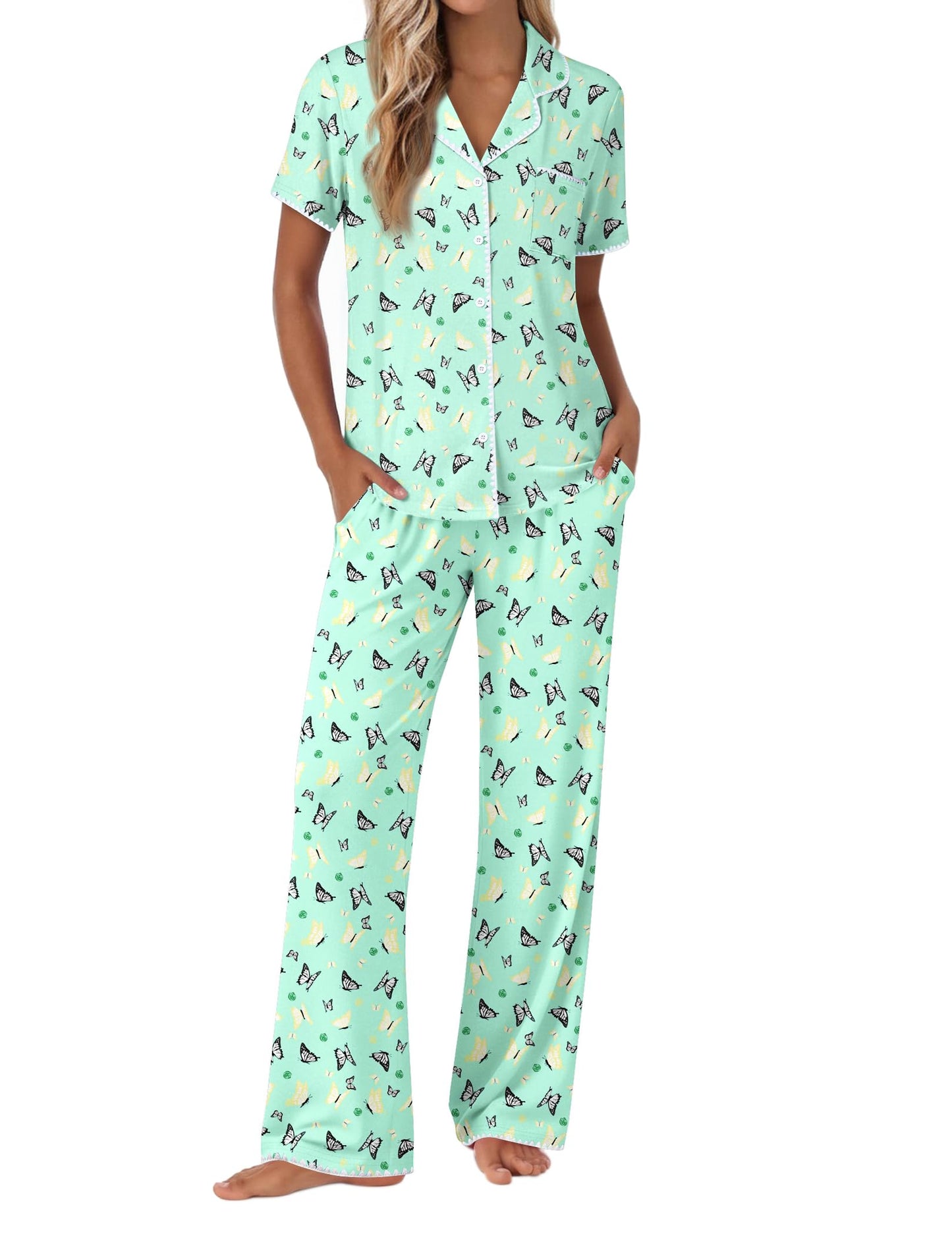 Ekouaer Pajamas for Women Set Button Up Soft Pjs Short Sleeve 2 Piece Lounge Sets Comfy Sleepwear