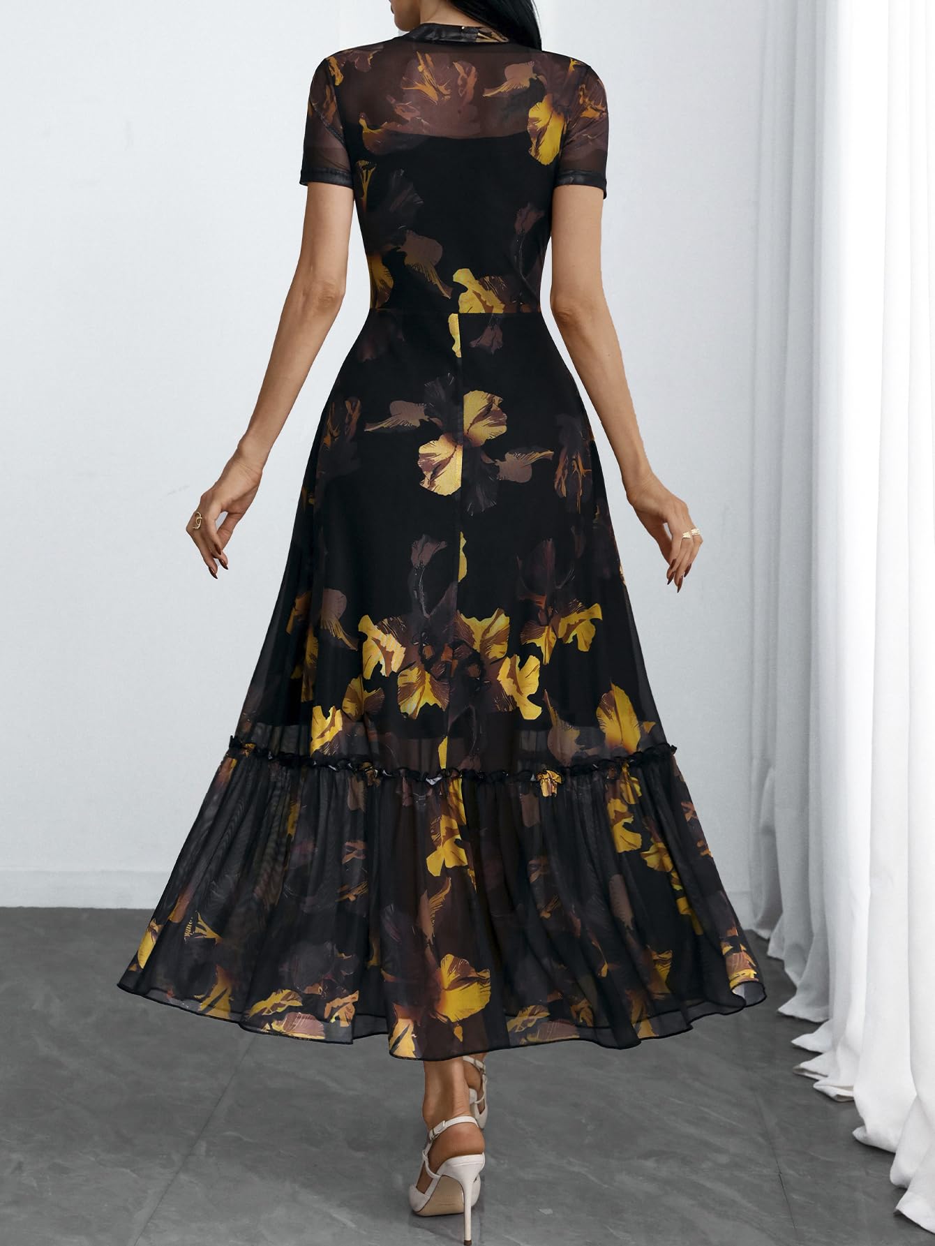 GothDark Women's Summer Floral Mesh Ruffle Dress Short Sleeve Round Neck Waist Cinched Casual Maxi Wedding Guest Dresses