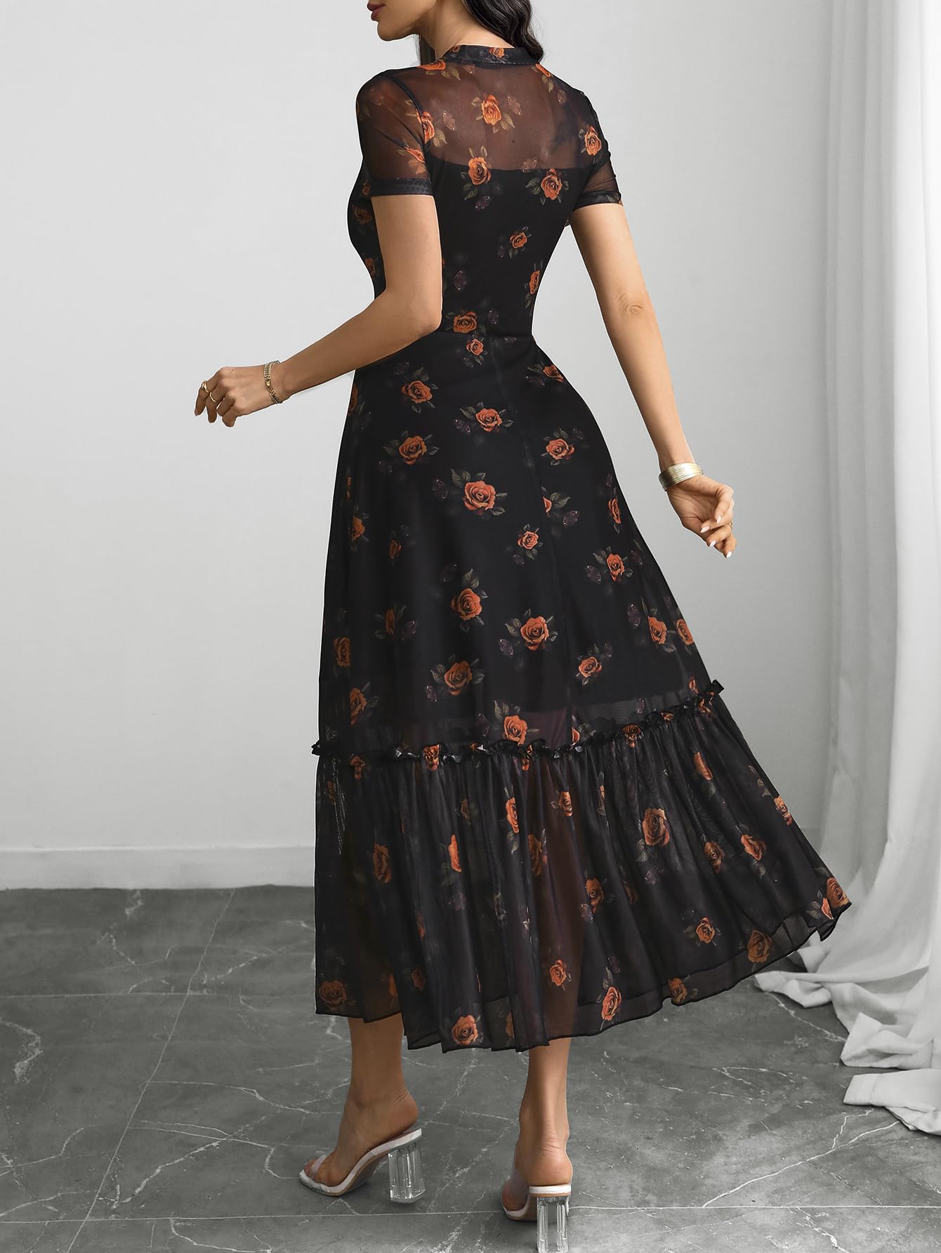 GothDark Women's Summer Floral Mesh Ruffle Dress Short Sleeve Round Neck Waist Cinched Casual Maxi Wedding Guest Dresses