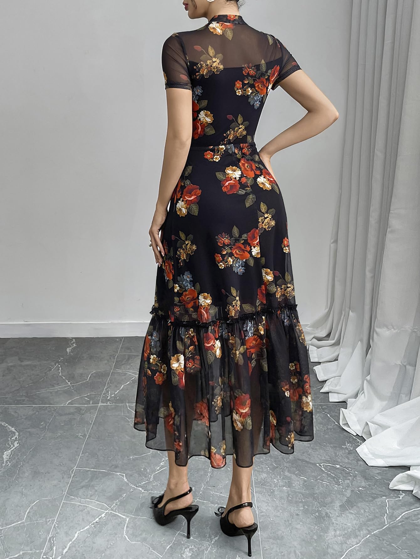 GothDark Women's Summer Floral Mesh Ruffle Dress Short Sleeve Round Neck Waist Cinched Casual Maxi Wedding Guest Dresses