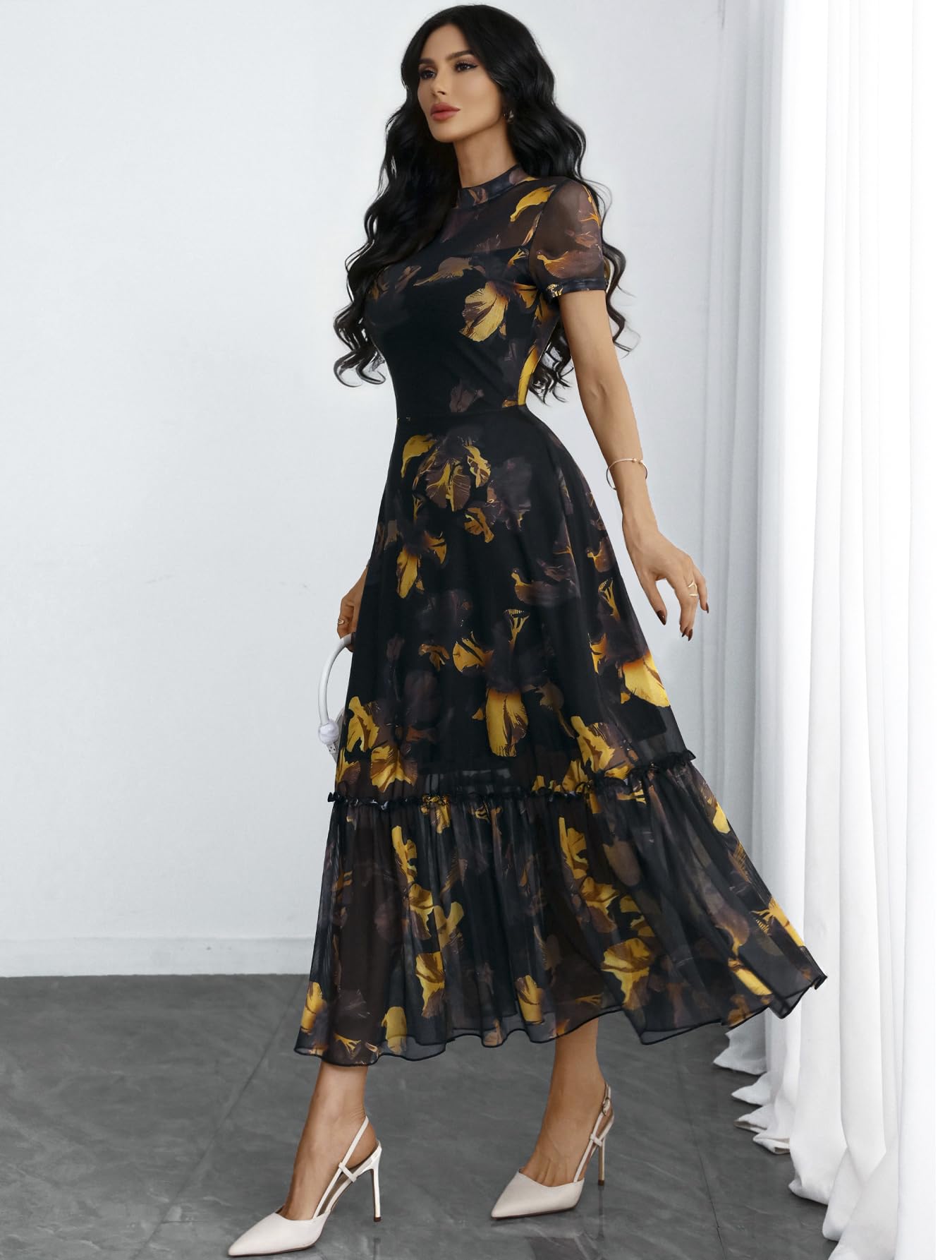 GothDark Women's Summer Floral Mesh Ruffle Dress Short Sleeve Round Neck Waist Cinched Casual Maxi Wedding Guest Dresses