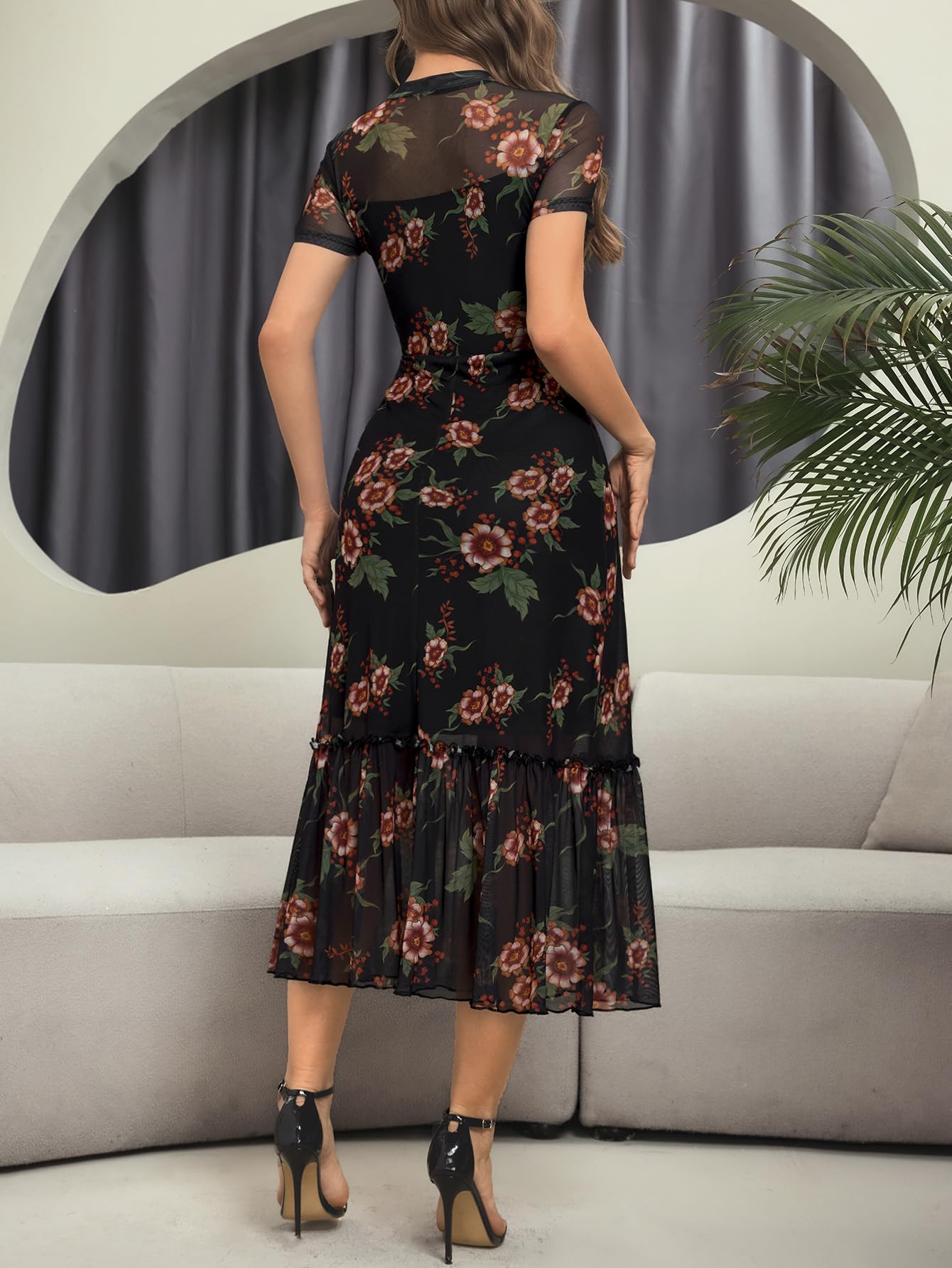 GothDark Women's Summer Floral Mesh Ruffle Dress Short Sleeve Round Neck Waist Cinched Casual Maxi Wedding Guest Dresses