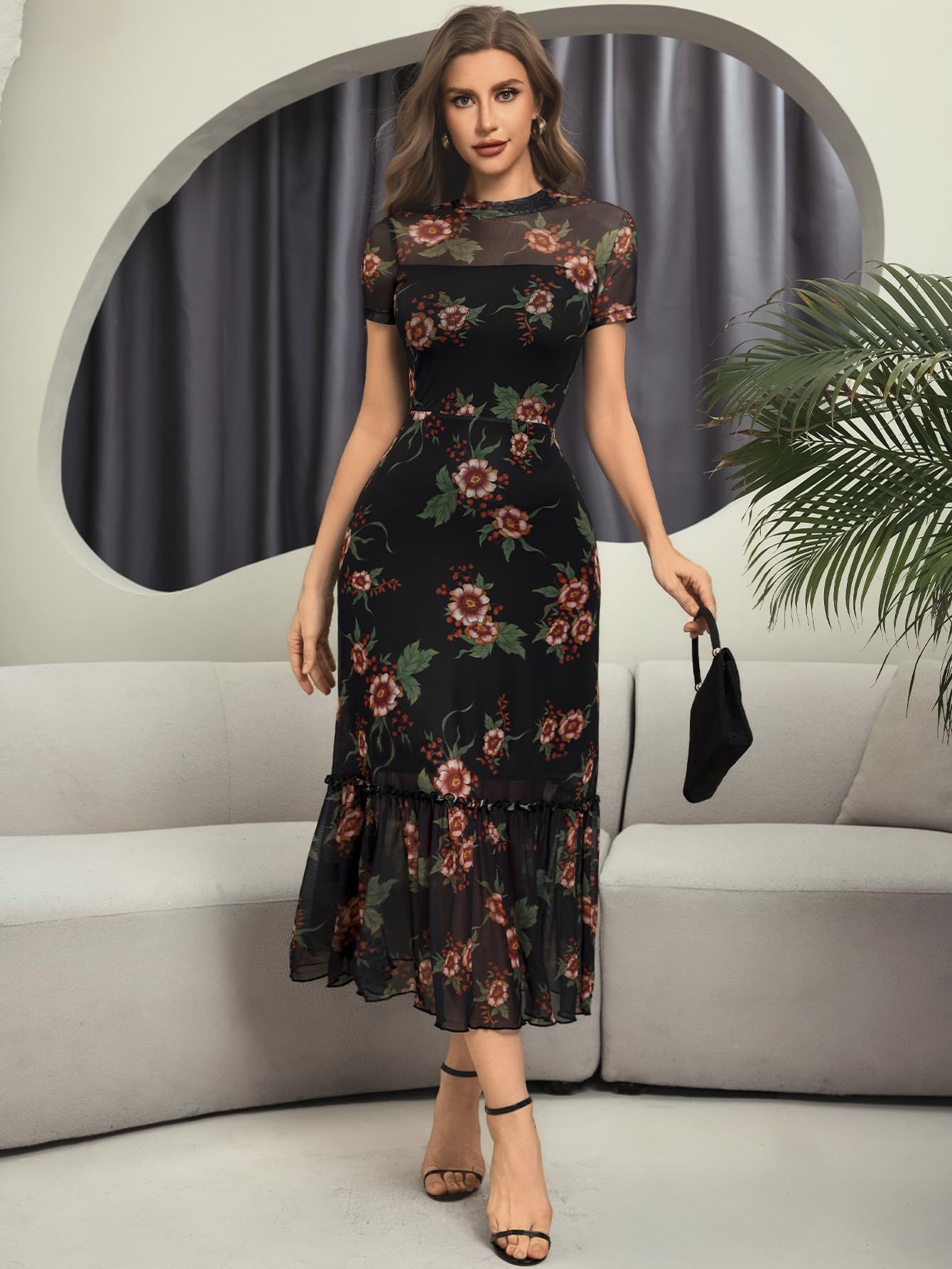 GothDark Women's Summer Floral Mesh Ruffle Dress Short Sleeve Round Neck Waist Cinched Casual Maxi Wedding Guest Dresses