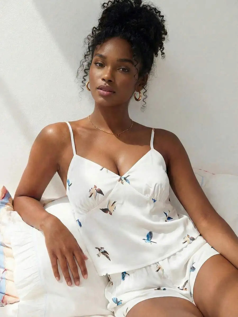 Womens Casual Bird Print Camisole And Shorts Pajama Set Summer