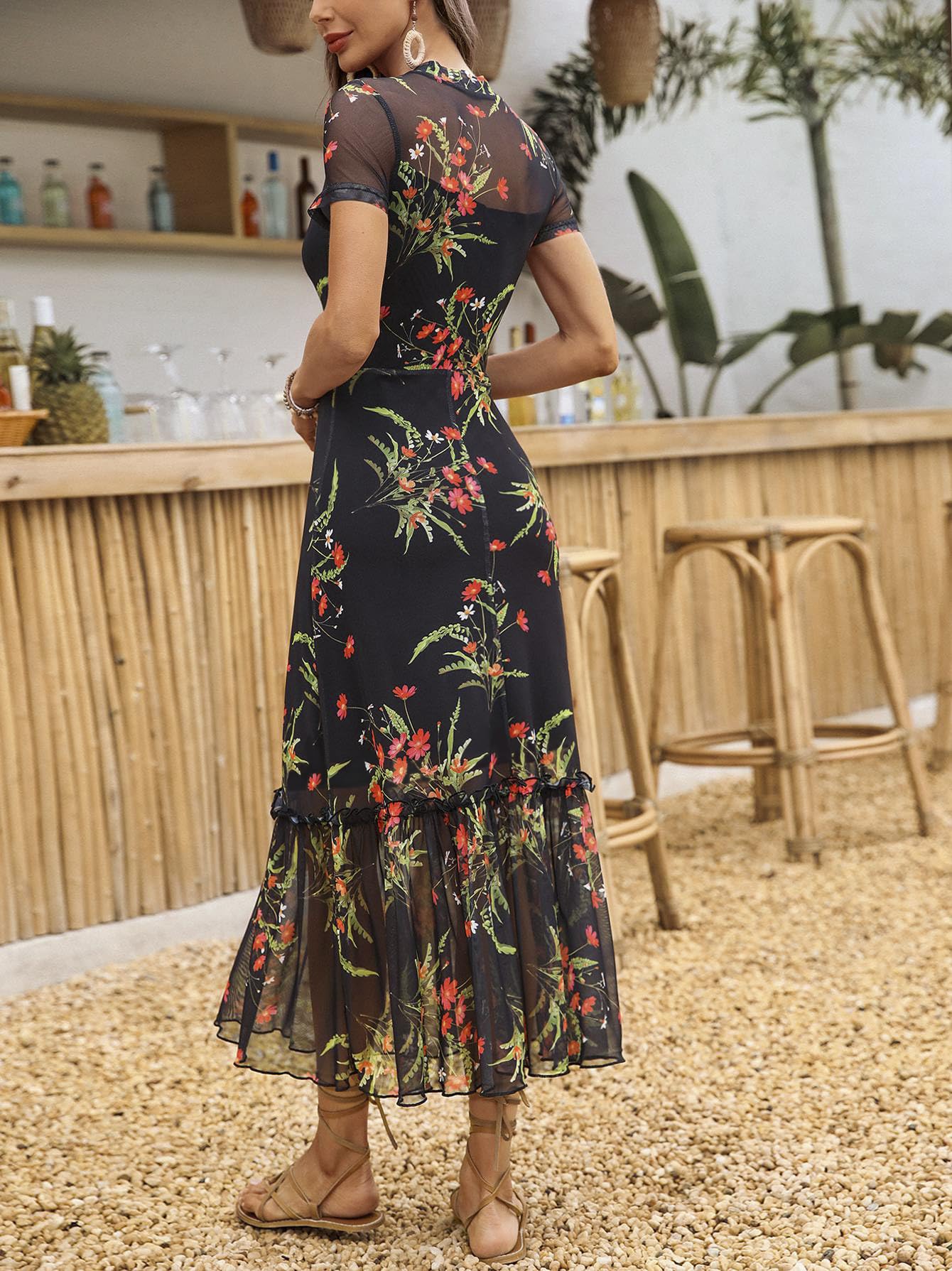 GothDark Women's Summer Floral Mesh Ruffle Dress Short Sleeve Round Neck Waist Cinched Casual Maxi Wedding Guest Dresses