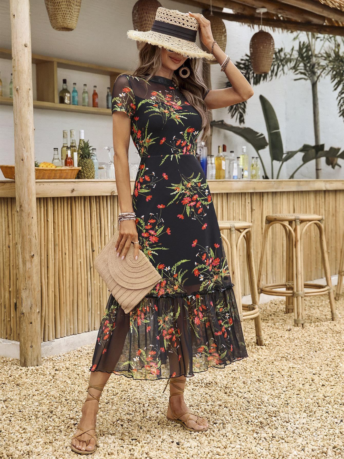 GothDark Women's Summer Floral Mesh Ruffle Dress Short Sleeve Round Neck Waist Cinched Casual Maxi Wedding Guest Dresses