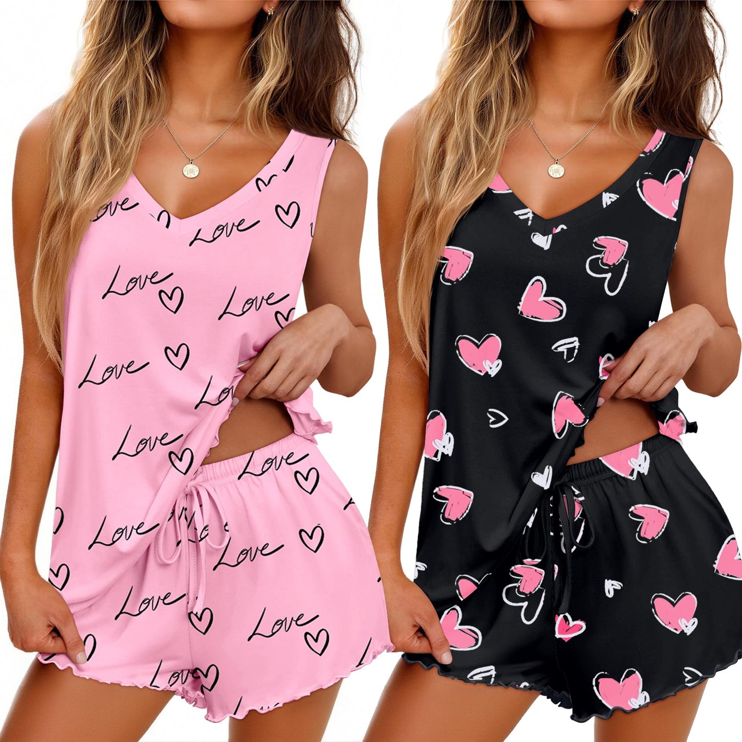 Ekouaer 2 Pack Pajamas for Women Set Tank Top and Shorts Pjs Soft Sleeveless Sleepwear Summer Loungewear,S-XXL