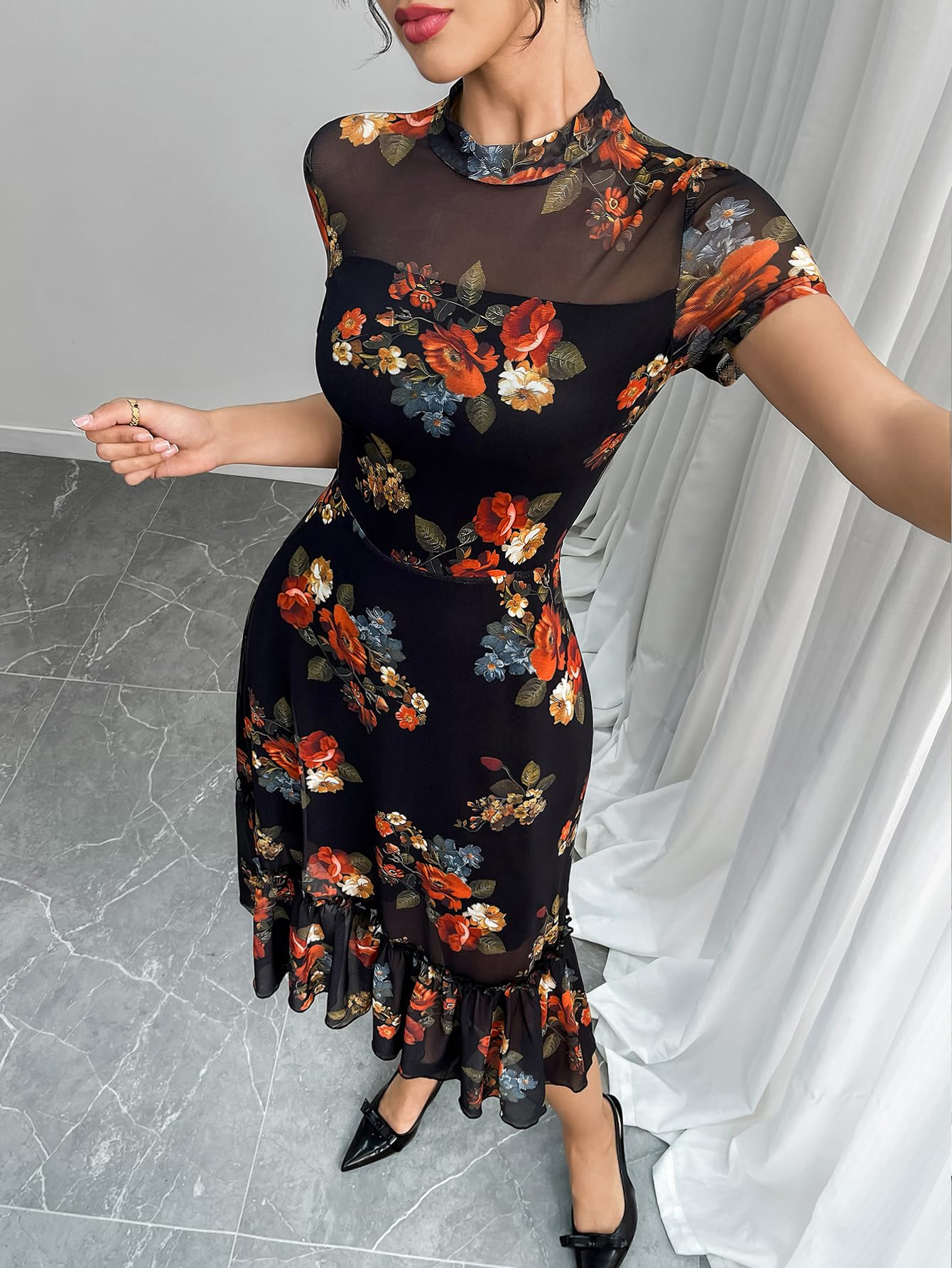 GothDark Women's Summer Floral Mesh Ruffle Dress Short Sleeve Round Neck Waist Cinched Casual Maxi Wedding Guest Dresses
